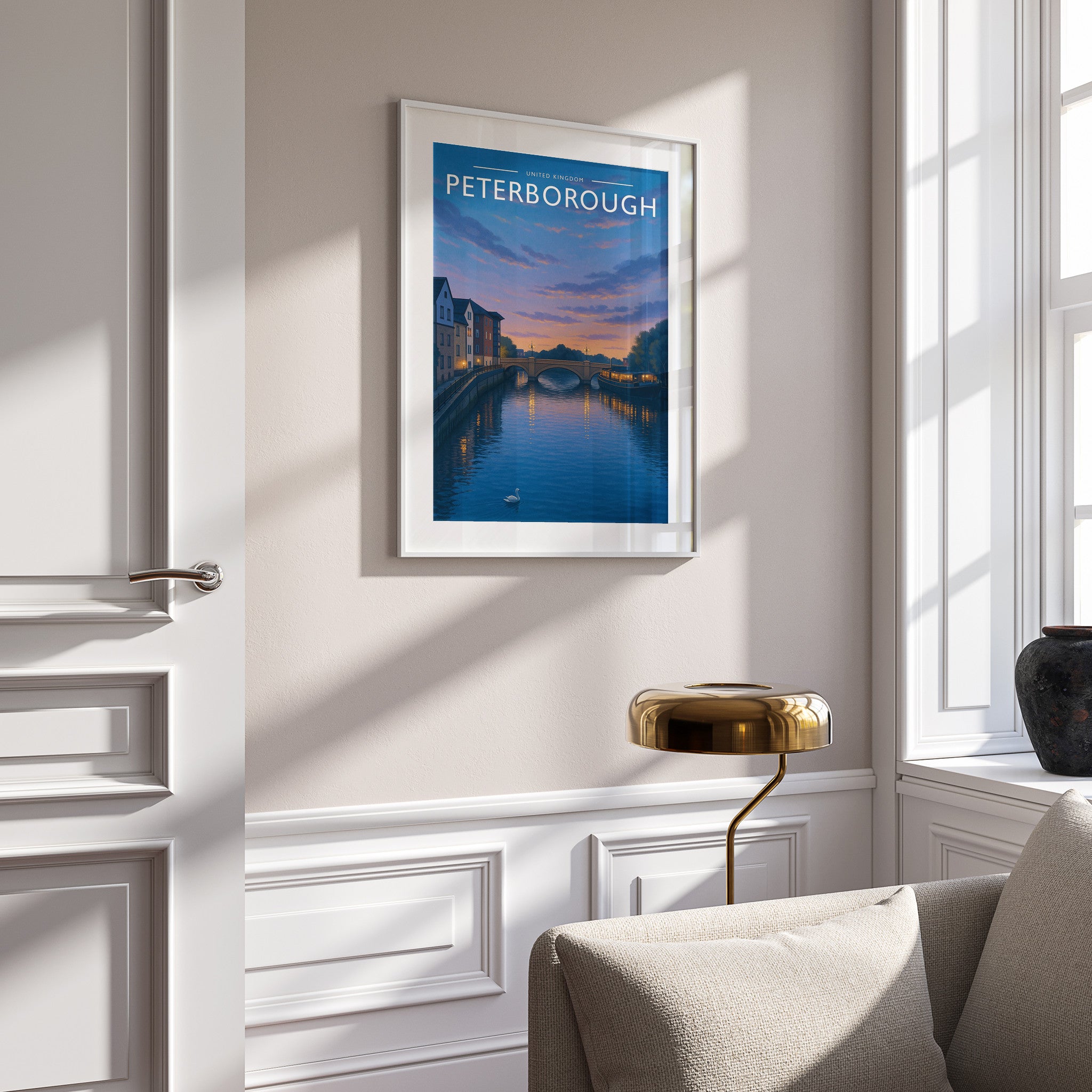 Peterborough #2 Travel Poster in a white frame on a panelled wall