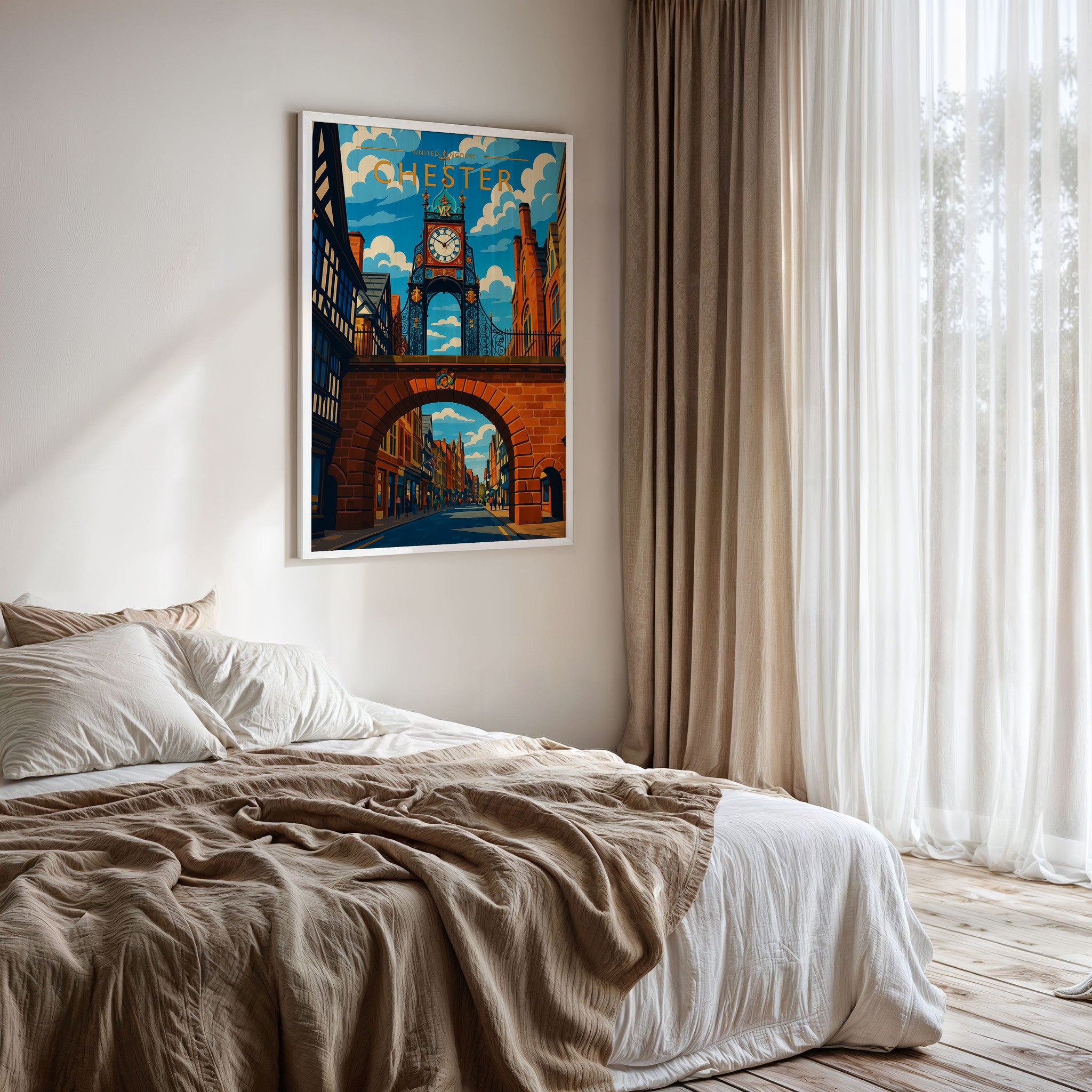 Chester Travel Poster framed on a bedroom wall