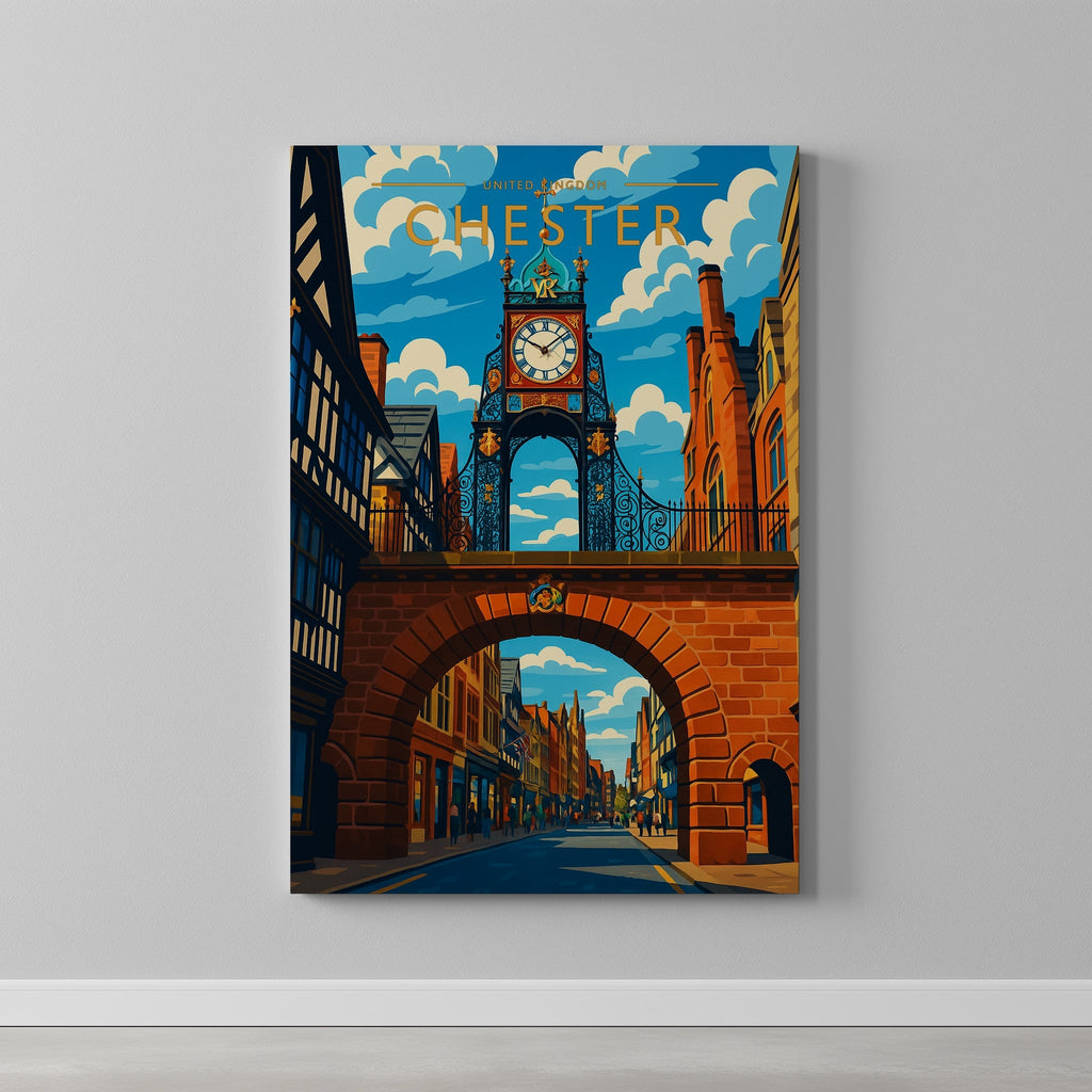 Chester Travel Poster as a gallery-wrapped canvas on a plain wall