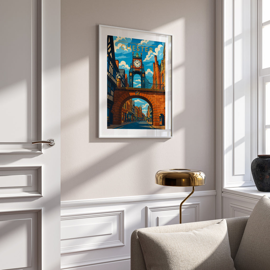 Chester Travel Poster in a white frame on a panelled wall