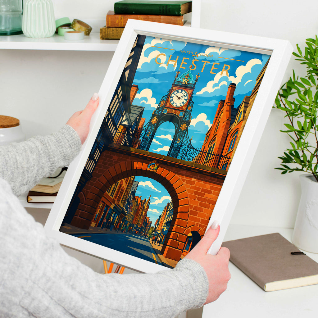 Chester Travel Poster in a white frame, held to show scale