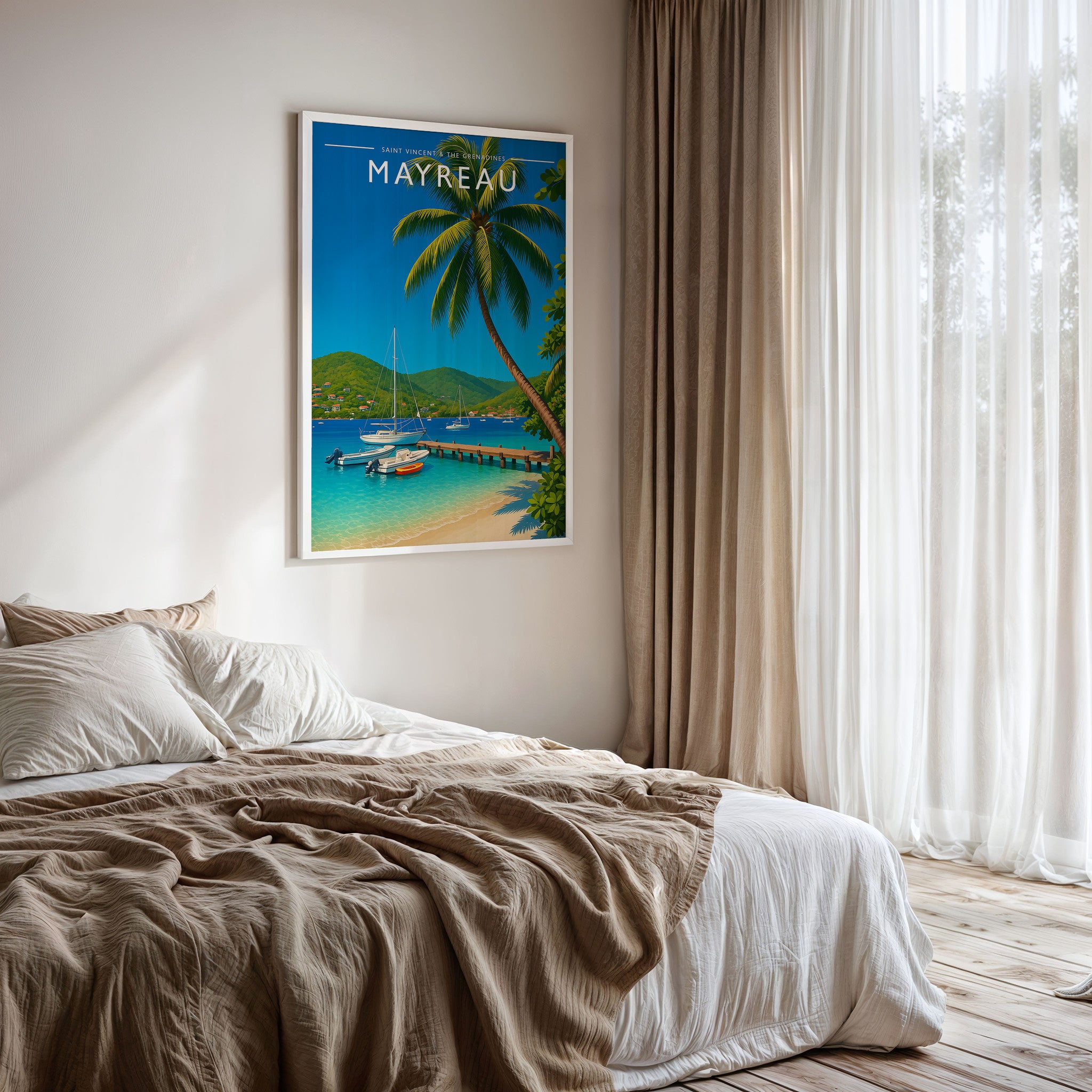 Mayreau #4 Travel Poster framed on a bedroom wall
