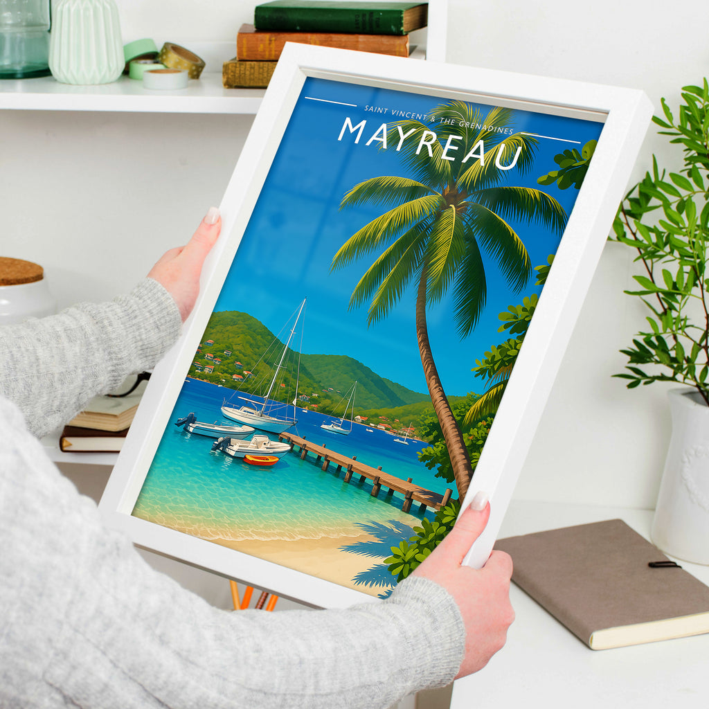Mayreau #4 Travel Poster in a white frame, held to show scale