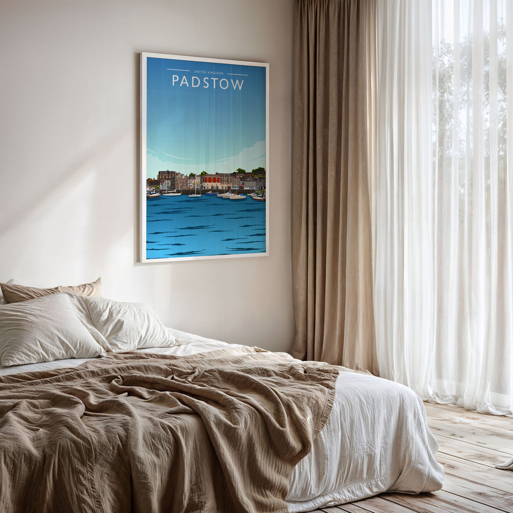 Padstow Travel Poster framed on a bedroom wall