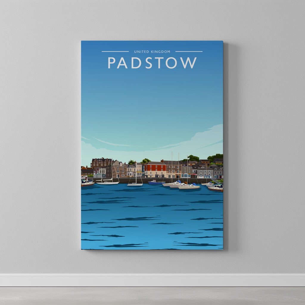 Padstow Travel Poster as a gallery-wrapped canvas on a plain wall