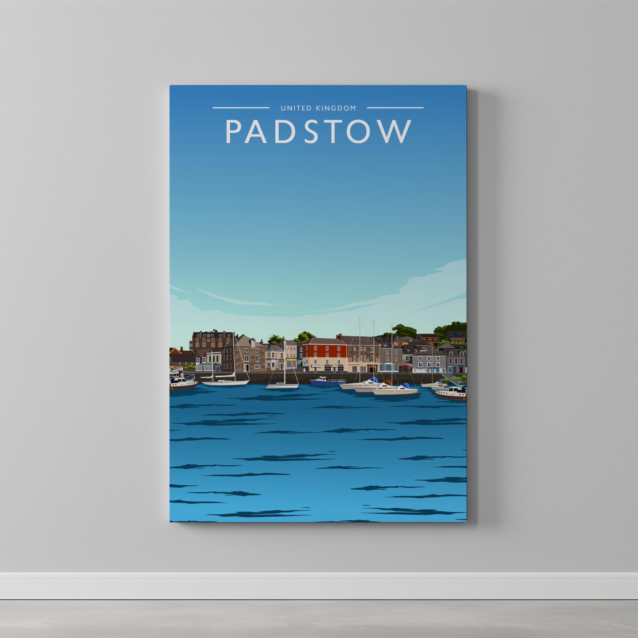 Padstow Travel Poster as a gallery-wrapped canvas on a plain wall