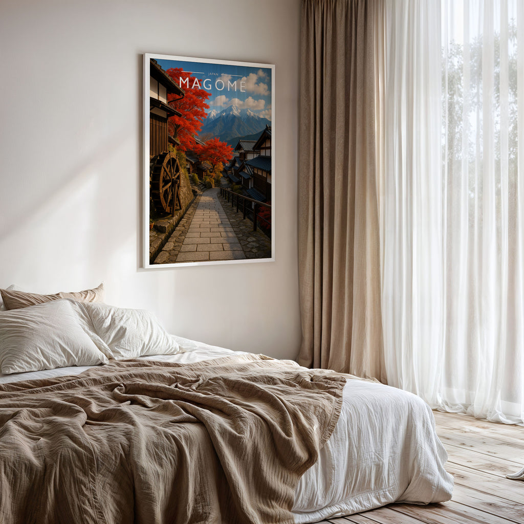 Magome Travel Poster framed on a bedroom wall