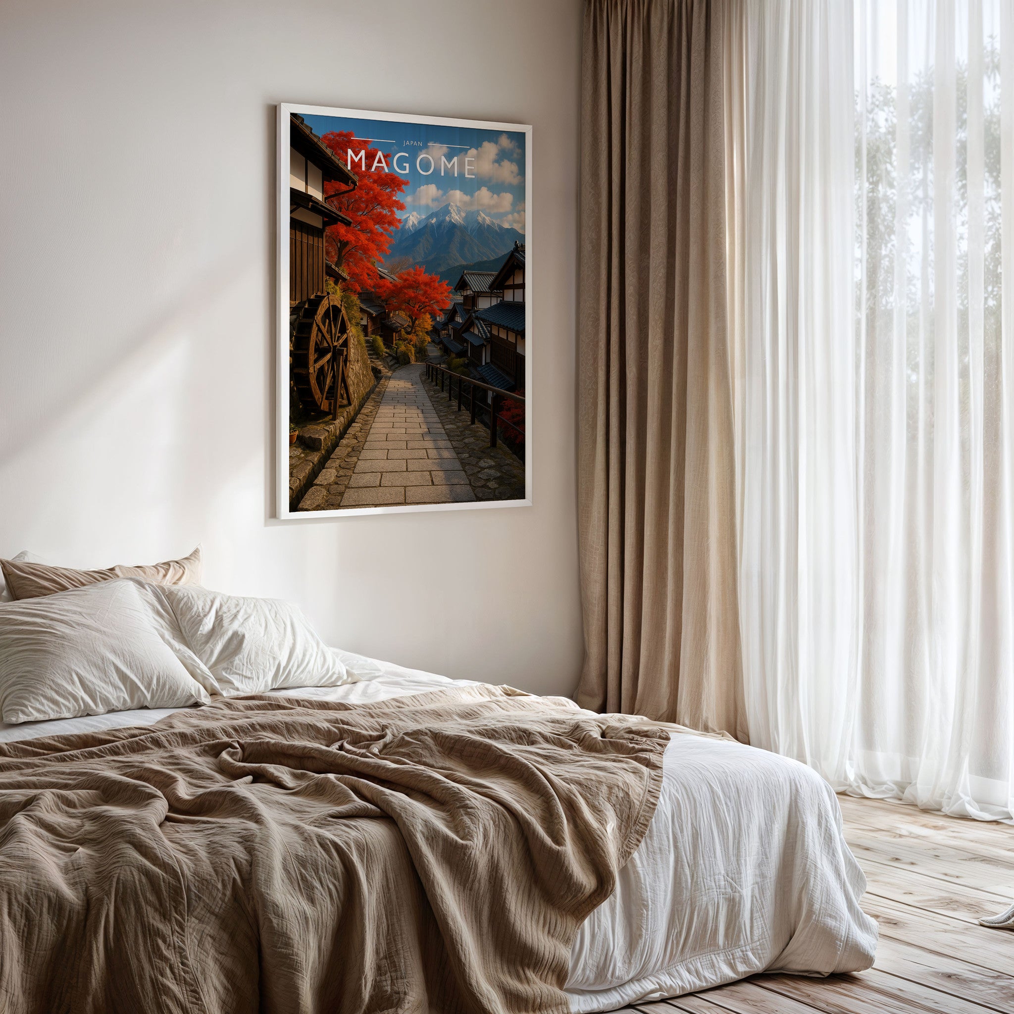 Magome Travel Poster framed on a bedroom wall