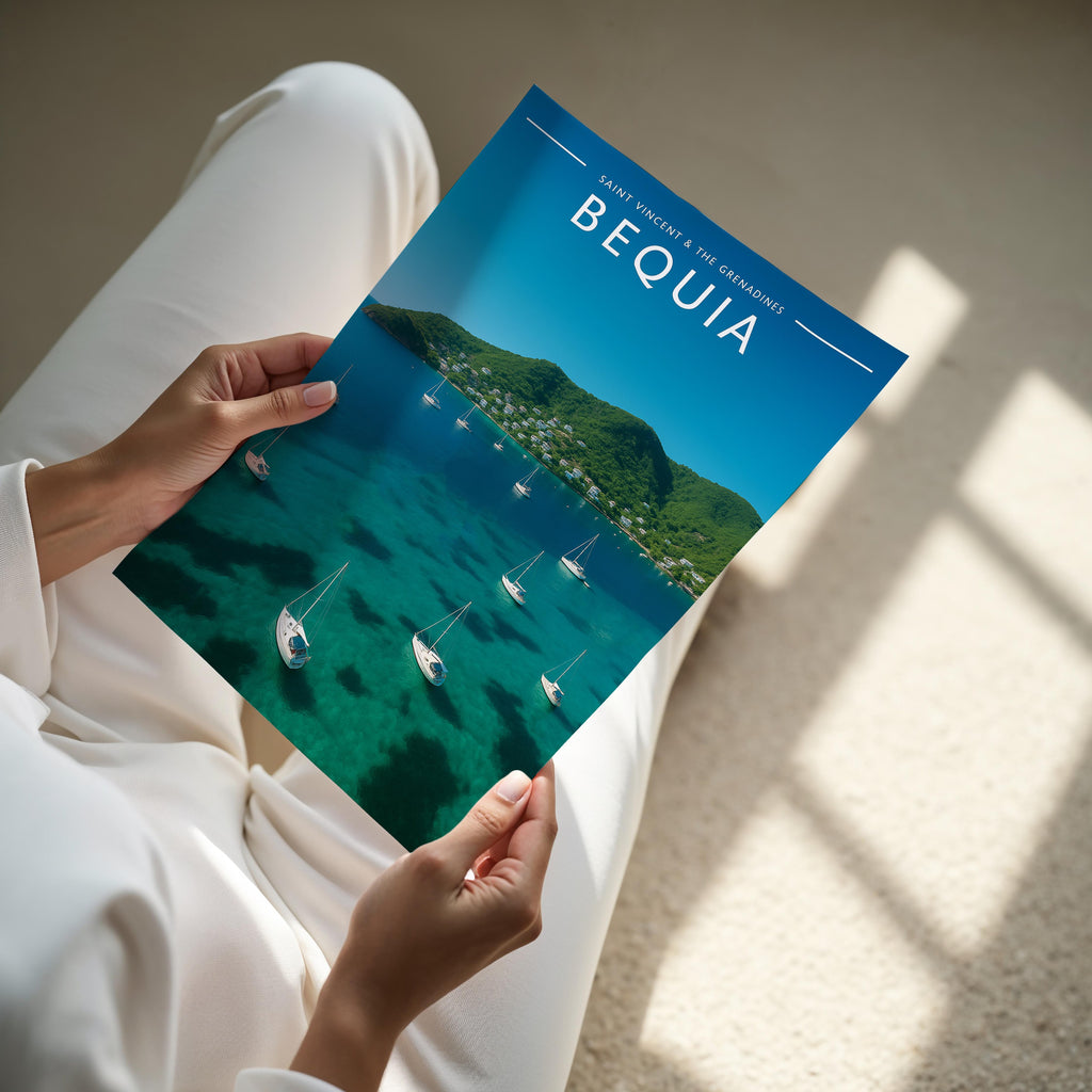 Bequia #2 Travel Poster - A4 print held in hand