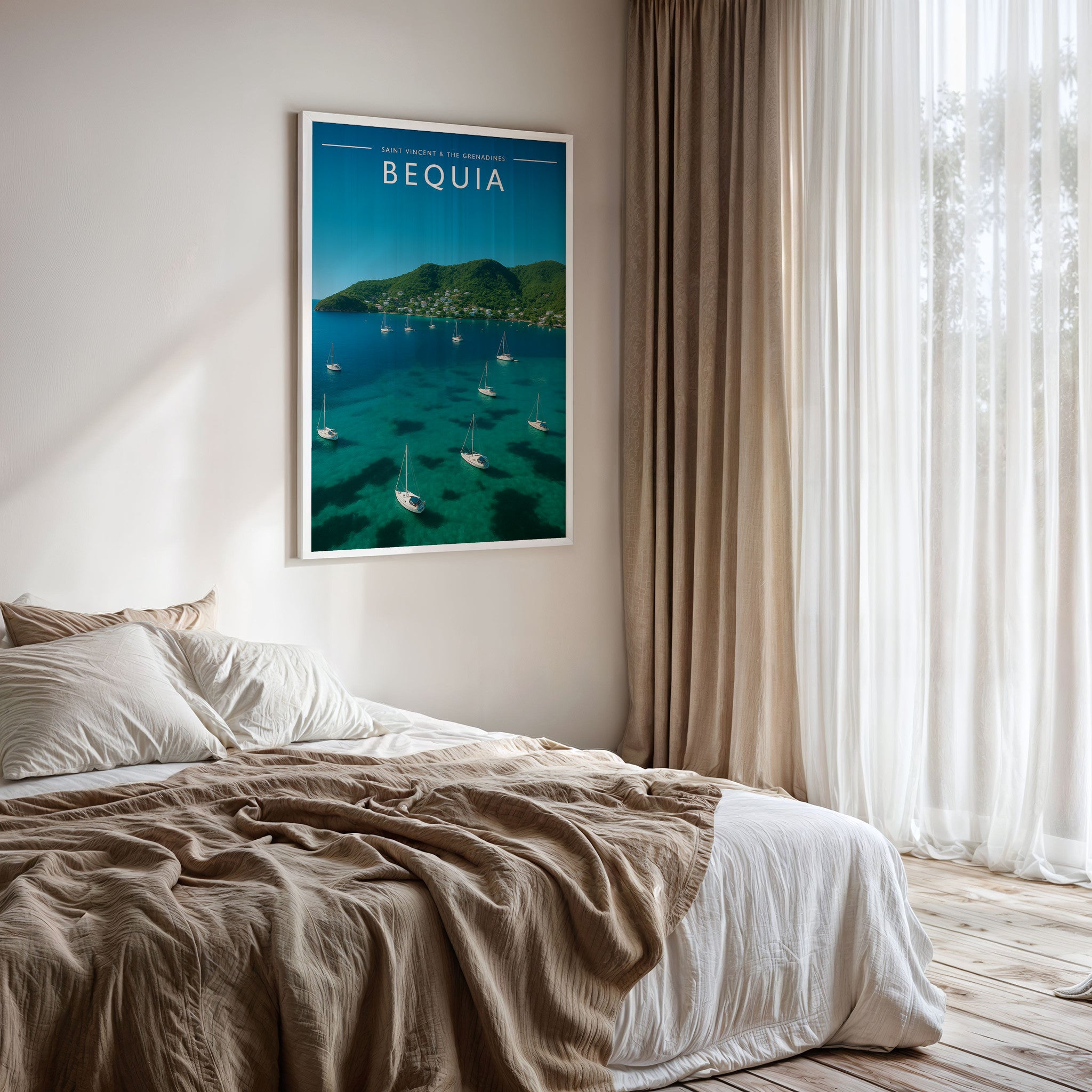 Bequia #2 Travel Poster framed on a bedroom wall