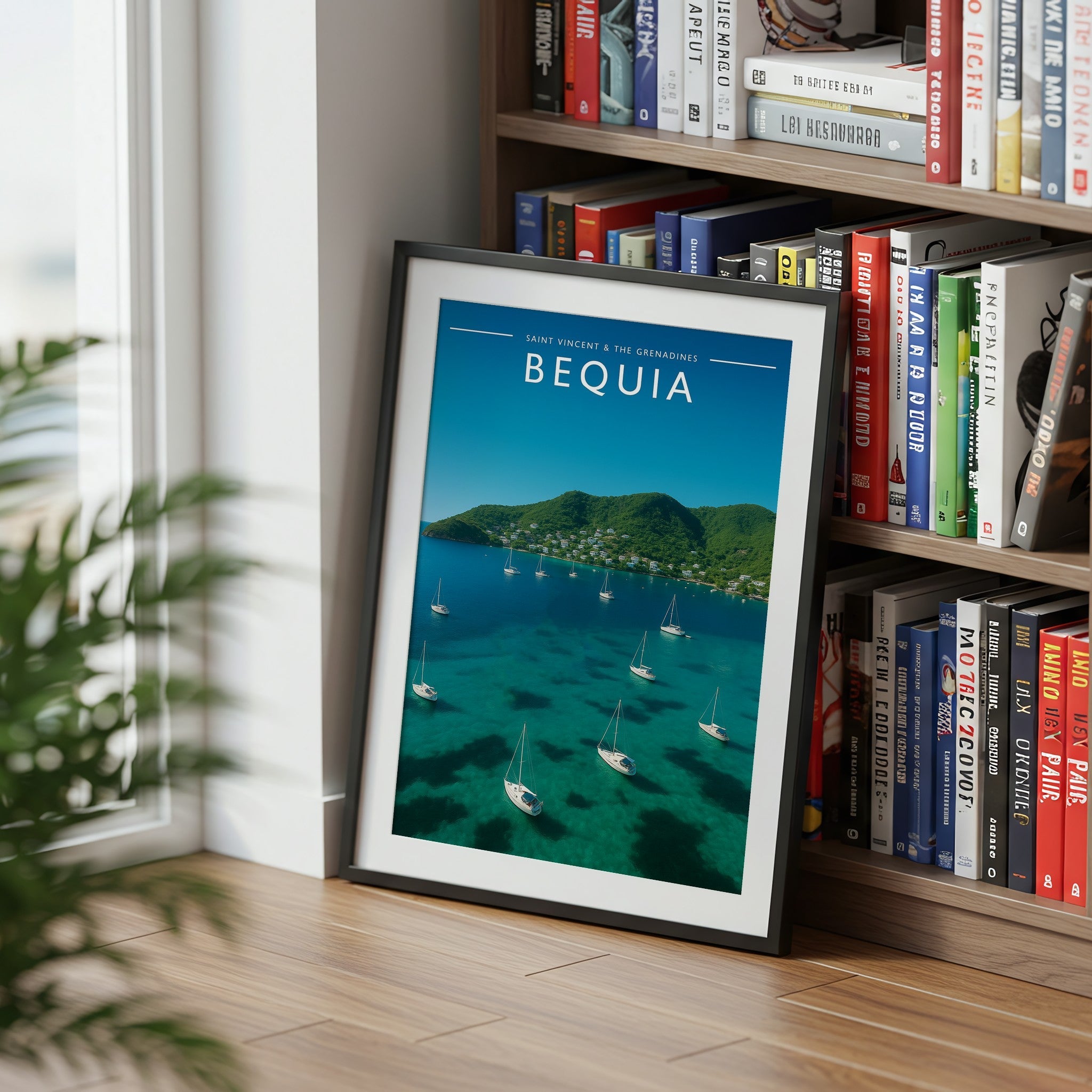Bequia #2 Travel Poster mounted in a black frame