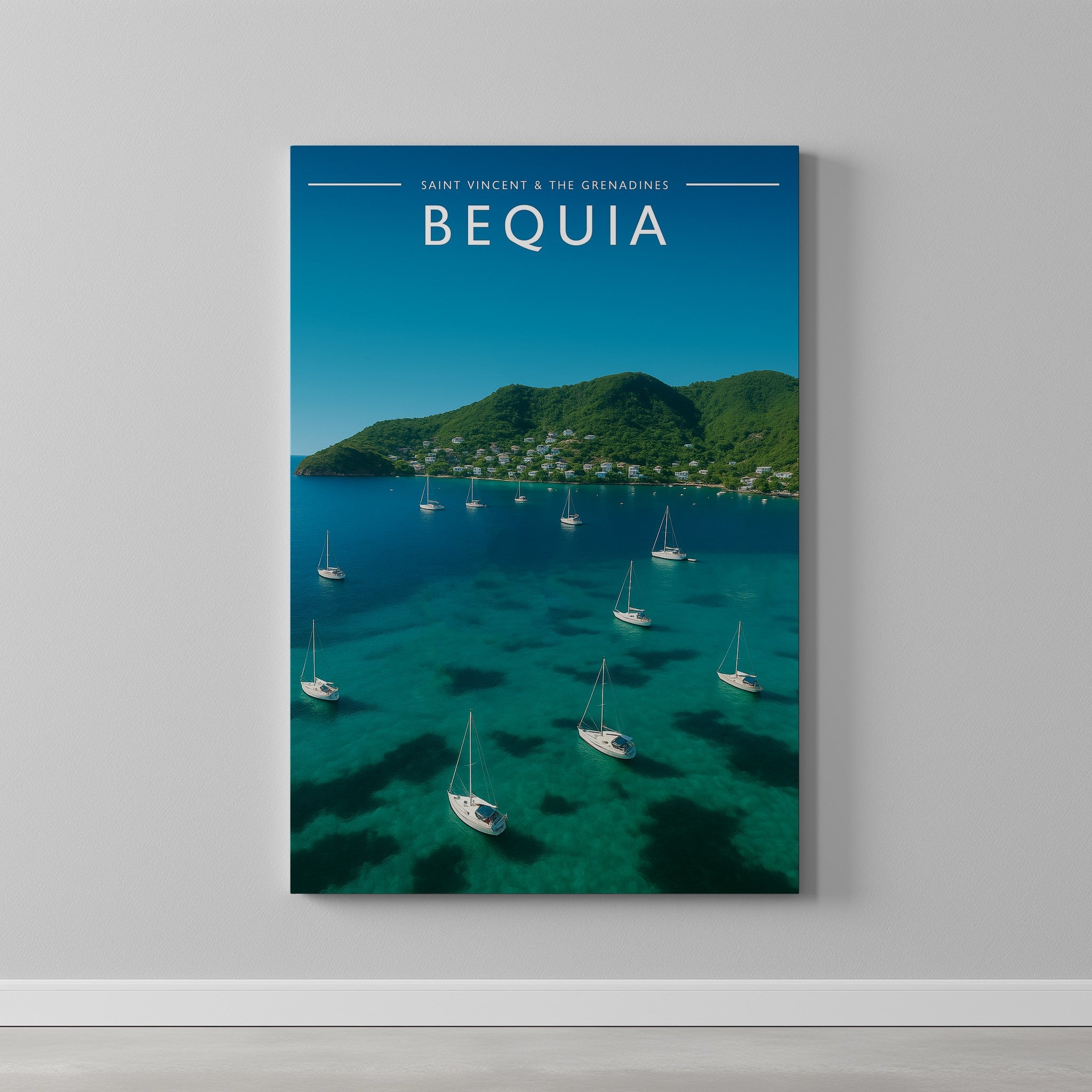 Bequia #2 Travel Poster as a gallery-wrapped canvas on a plain wall