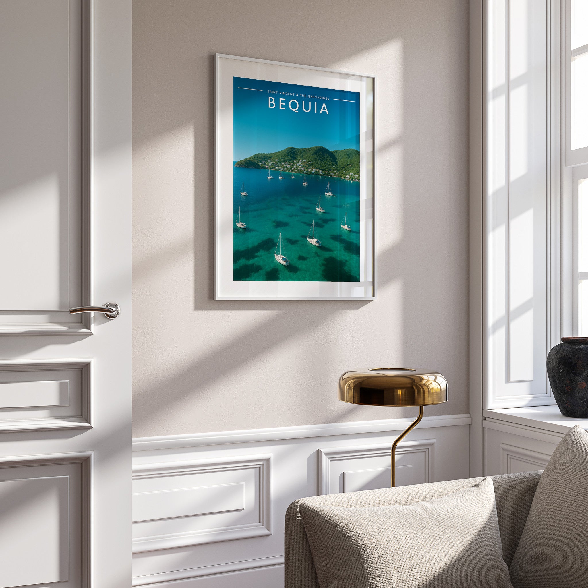 Bequia #2 Travel Poster in a white frame on a panelled wall