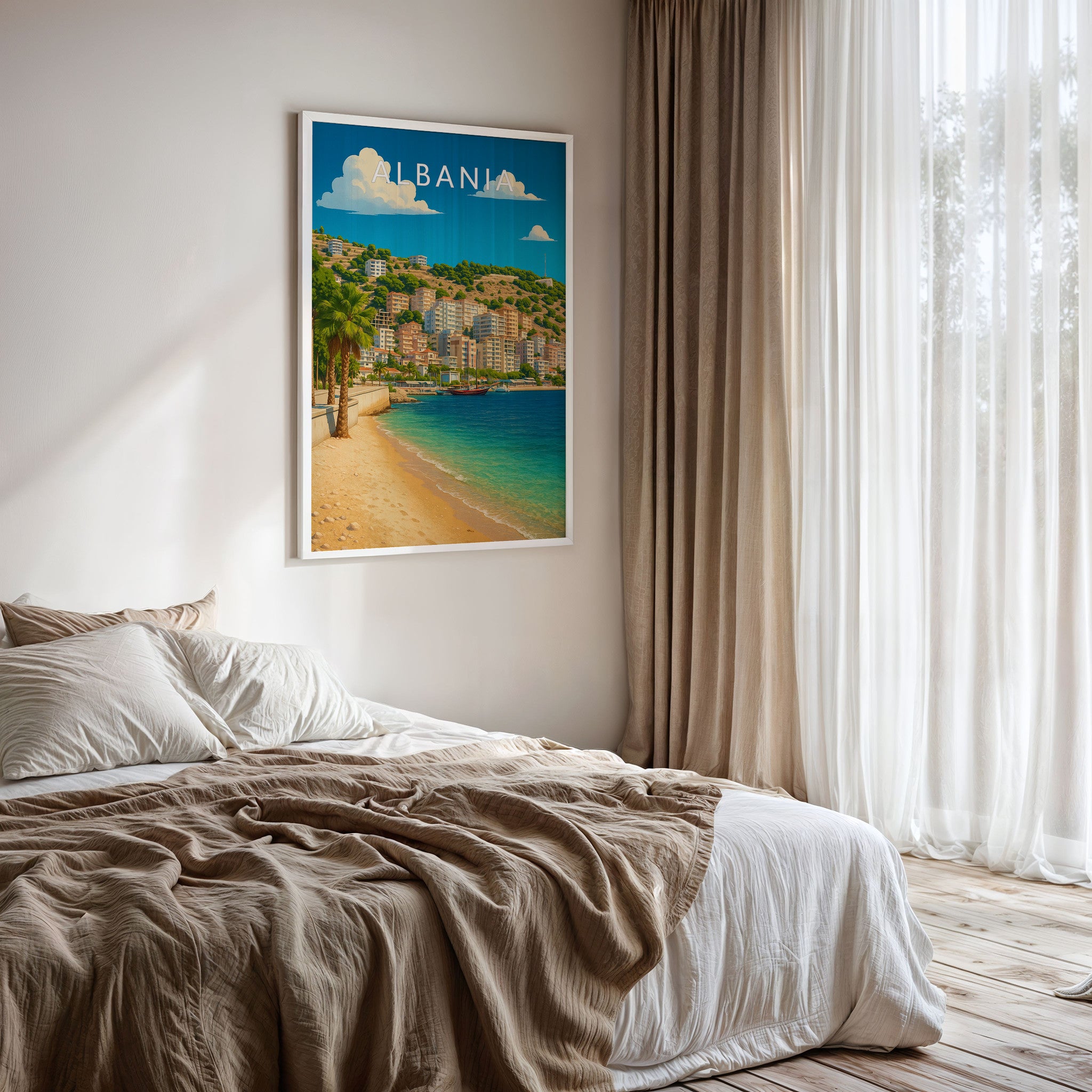 Albania Travel Poster framed on a bedroom wall