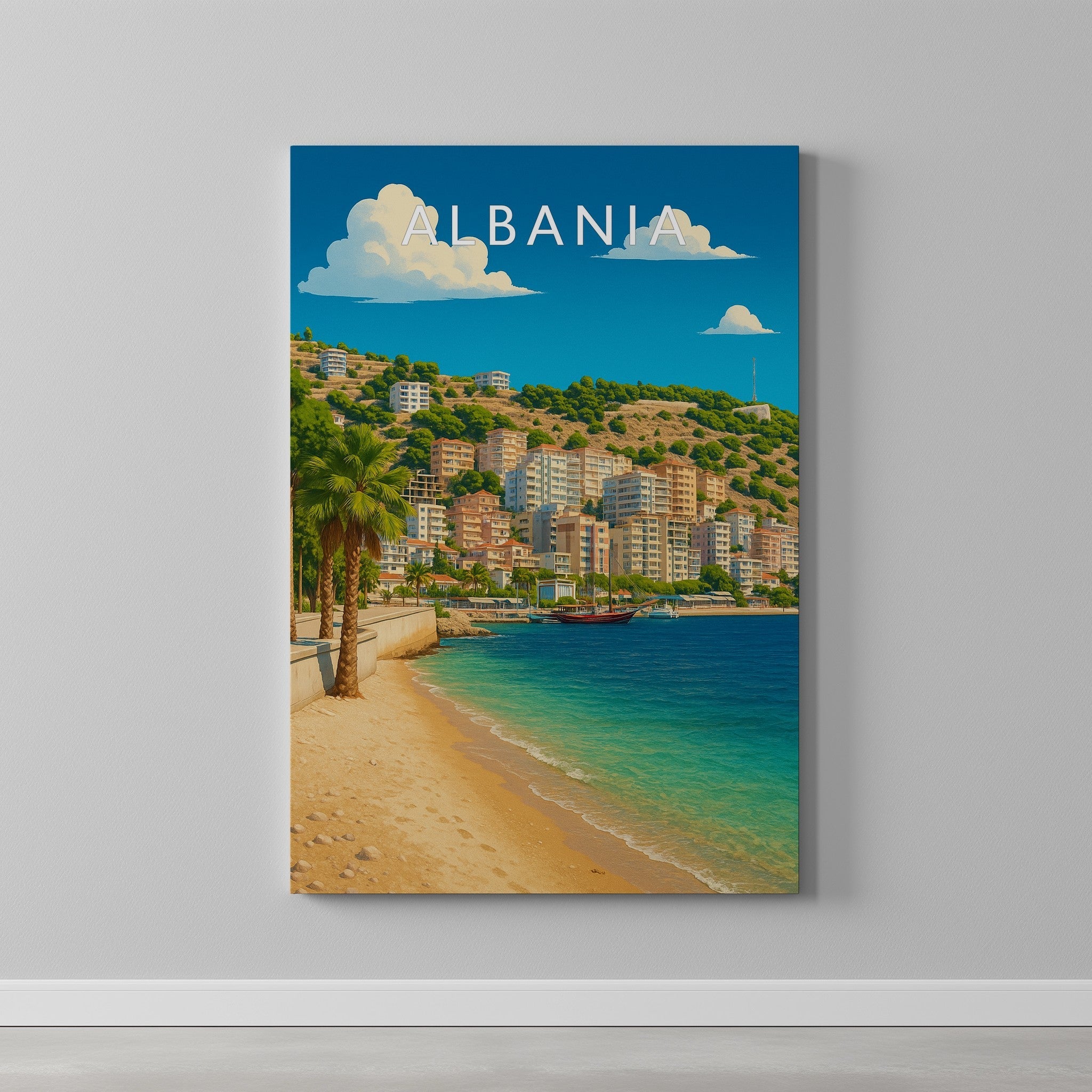 Albania Travel Poster as a gallery-wrapped canvas on a plain wall
