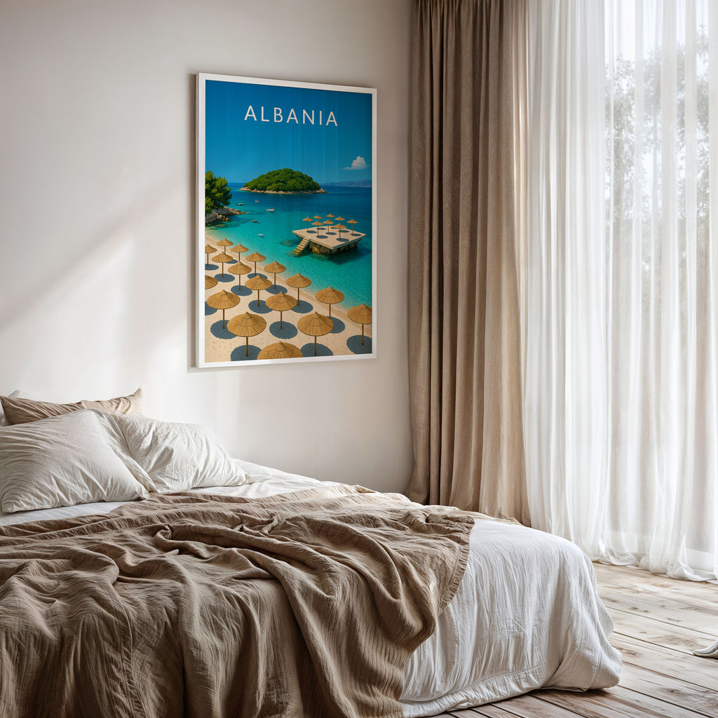 Albania #2 Travel Poster framed on a bedroom wall