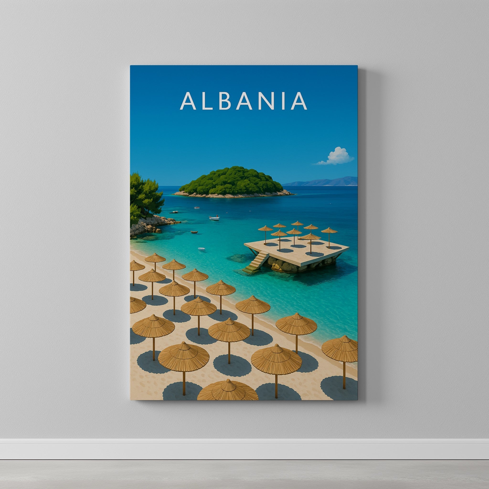 Albania #2 Travel Poster as a gallery-wrapped canvas on a plain wall