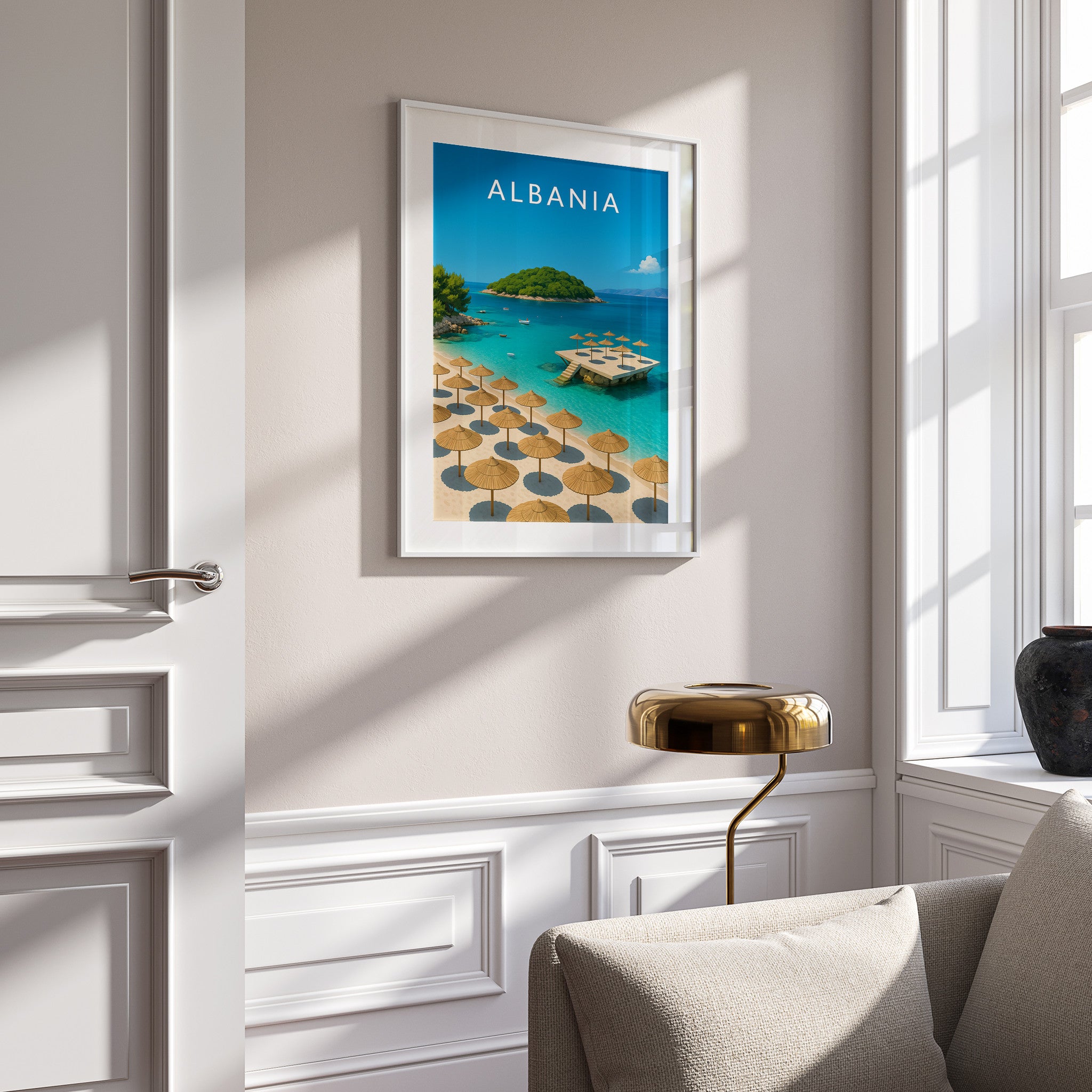 Albania #2 Travel Poster in a white frame on a panelled wall