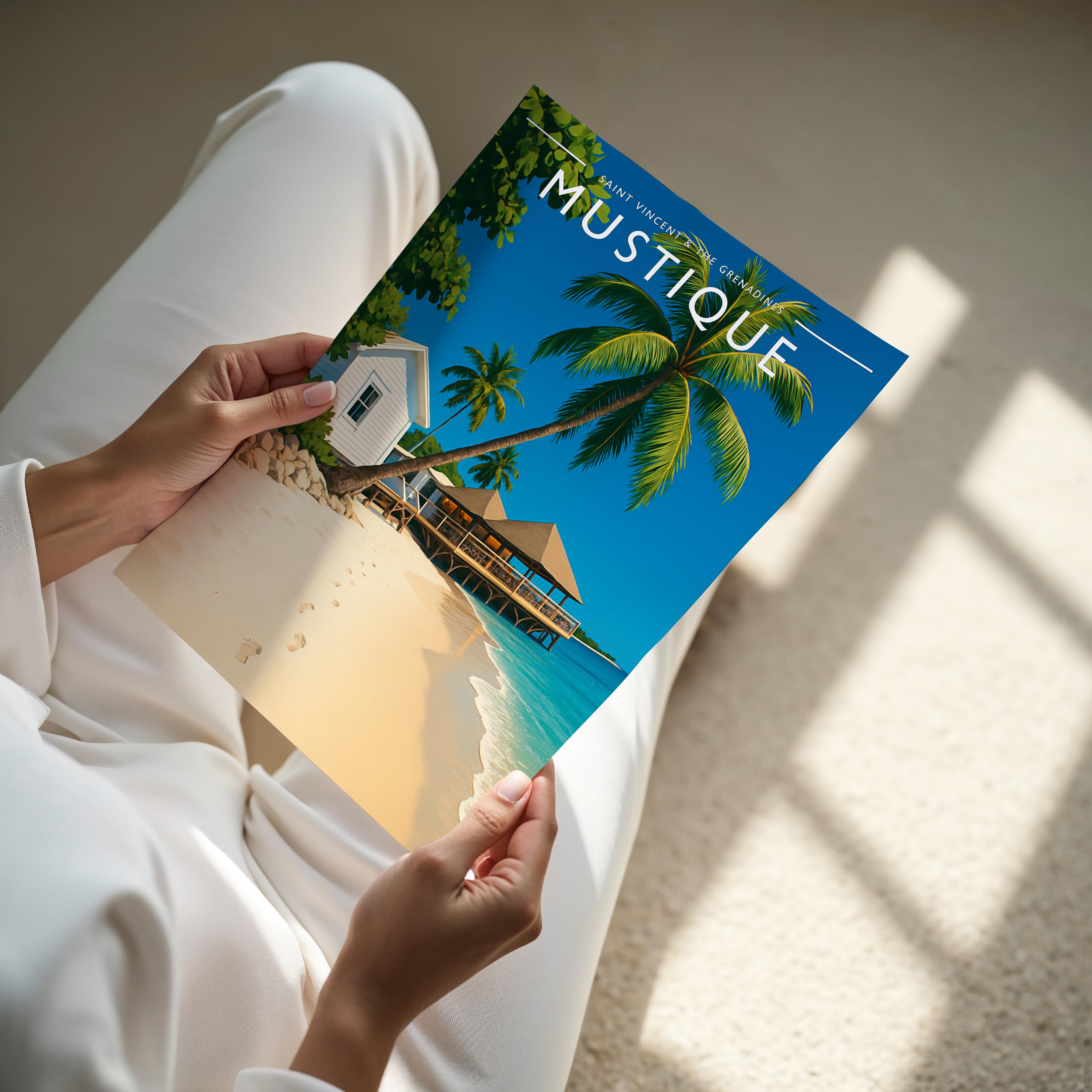 Mustique Travel Poster - A4 print held in hand