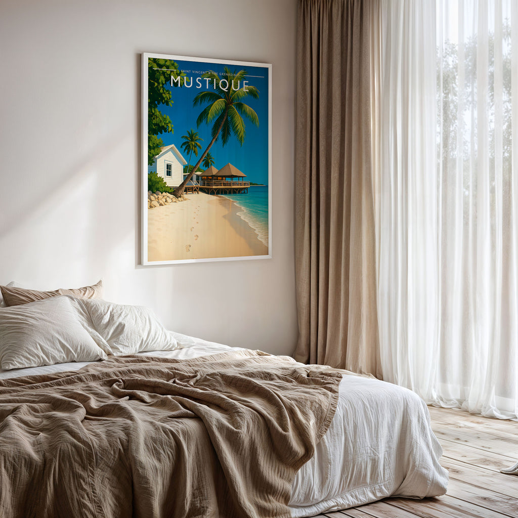 Mustique Travel Poster framed on a bedroom wall