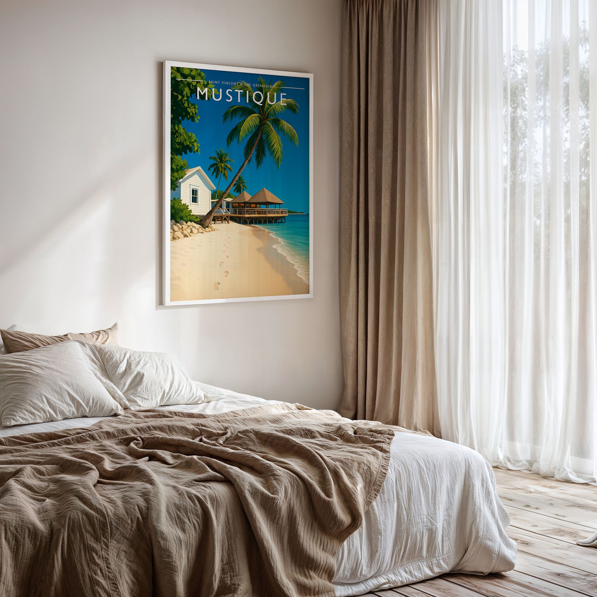 Mustique Travel Poster framed on a bedroom wall