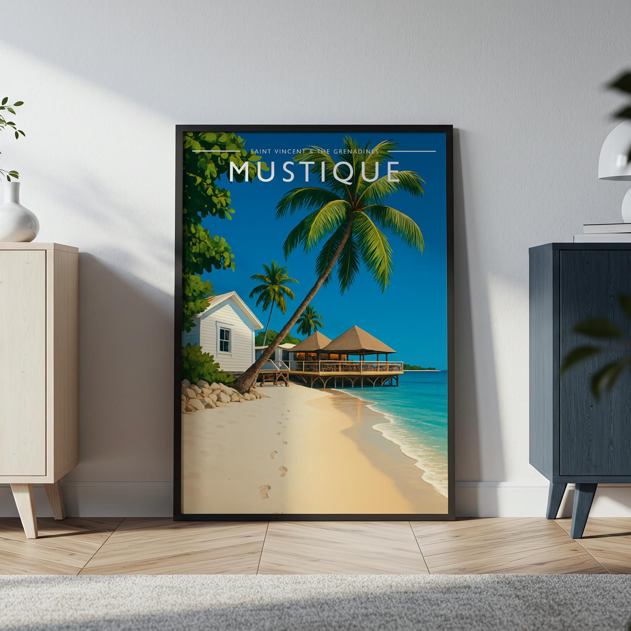 Mustique Travel Poster in a black frame