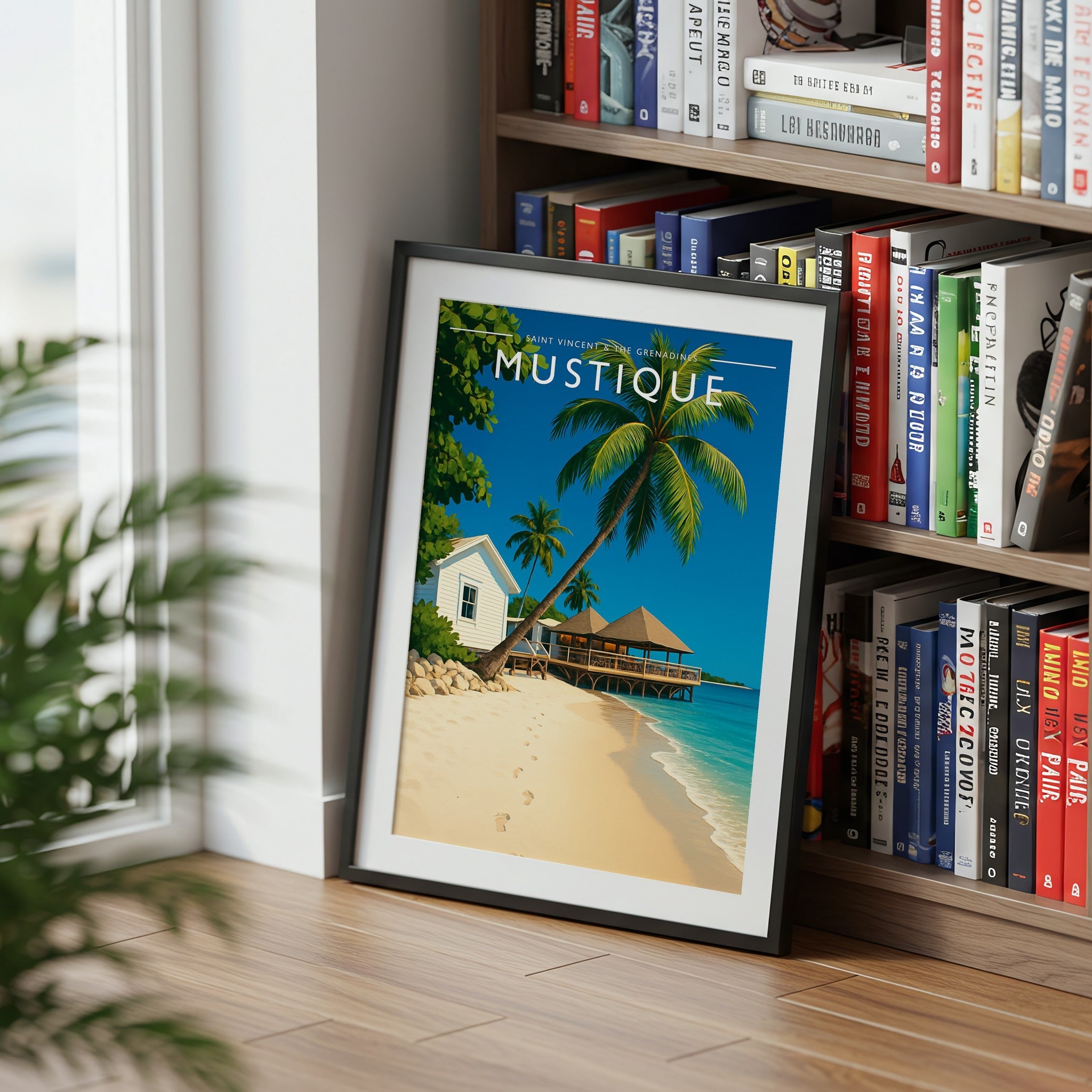 Mustique Travel Poster mounted in a black frame