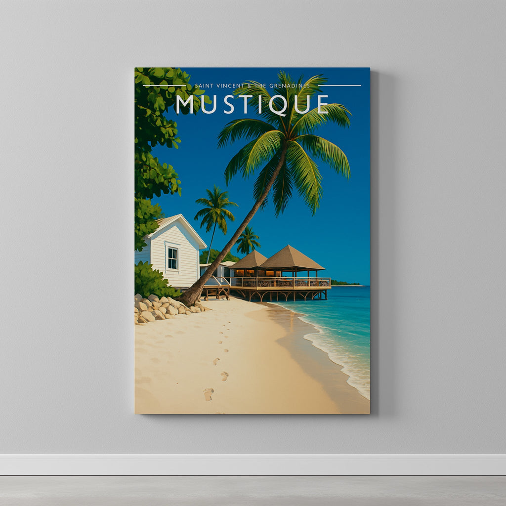 Mustique Travel Poster as a gallery-wrapped canvas on a plain wall