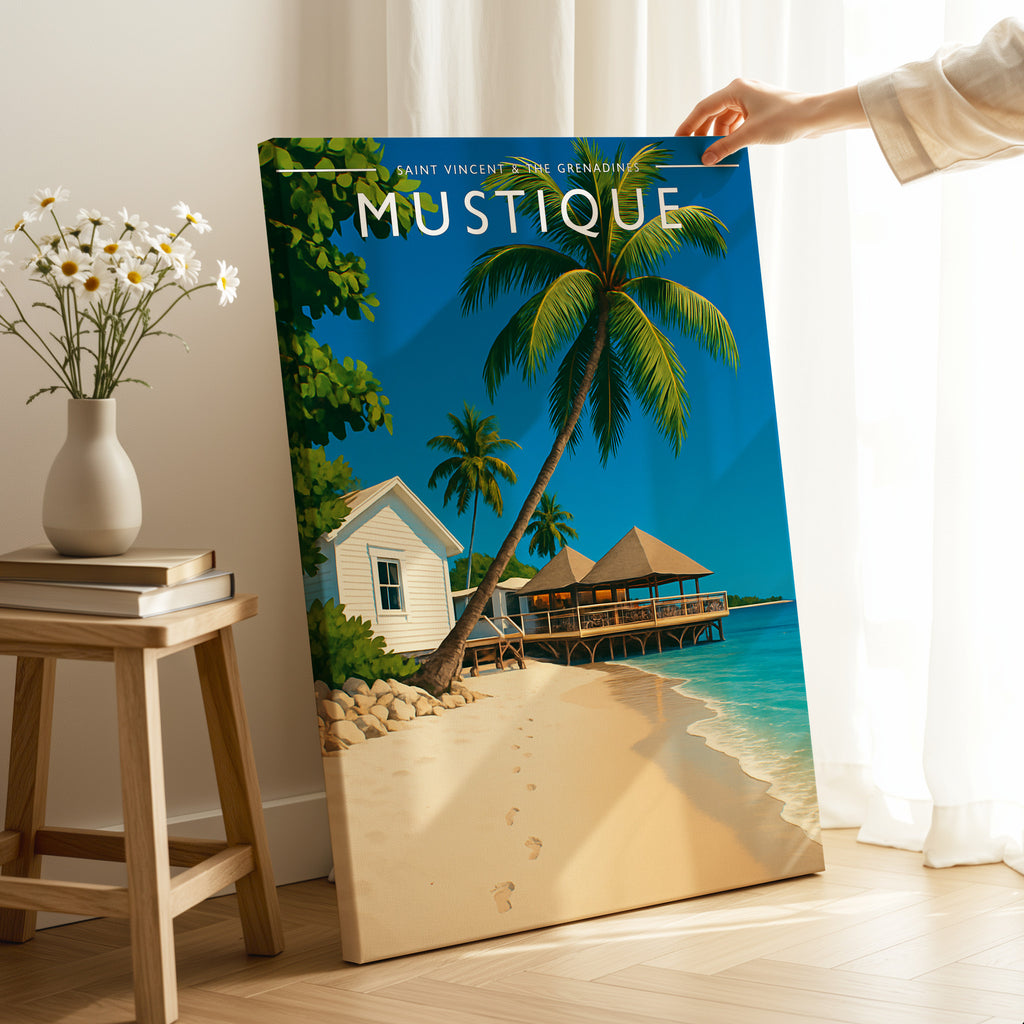 Mustique Travel Poster as a gallery-wrapped canvas