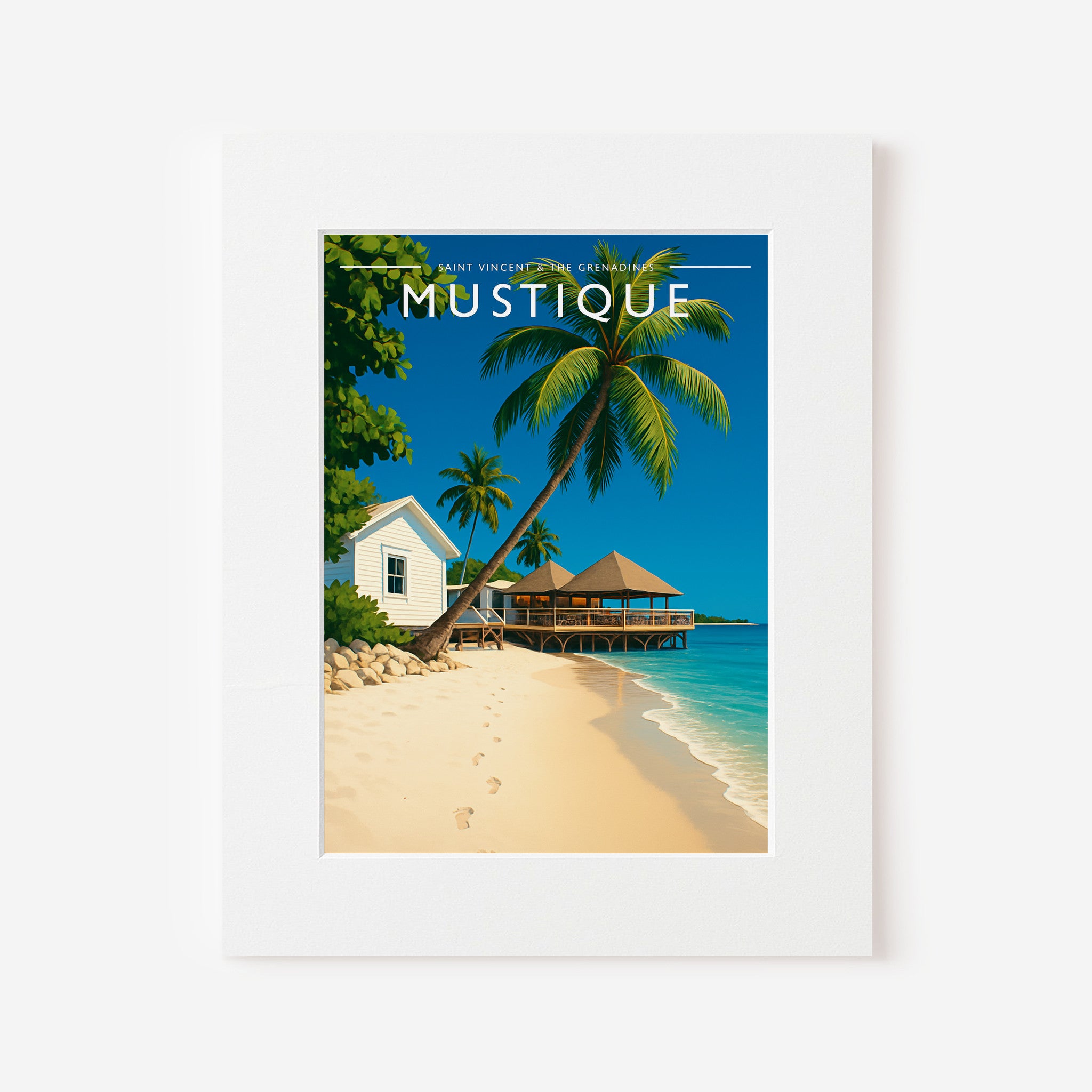 Mustique Travel Poster in a white mount