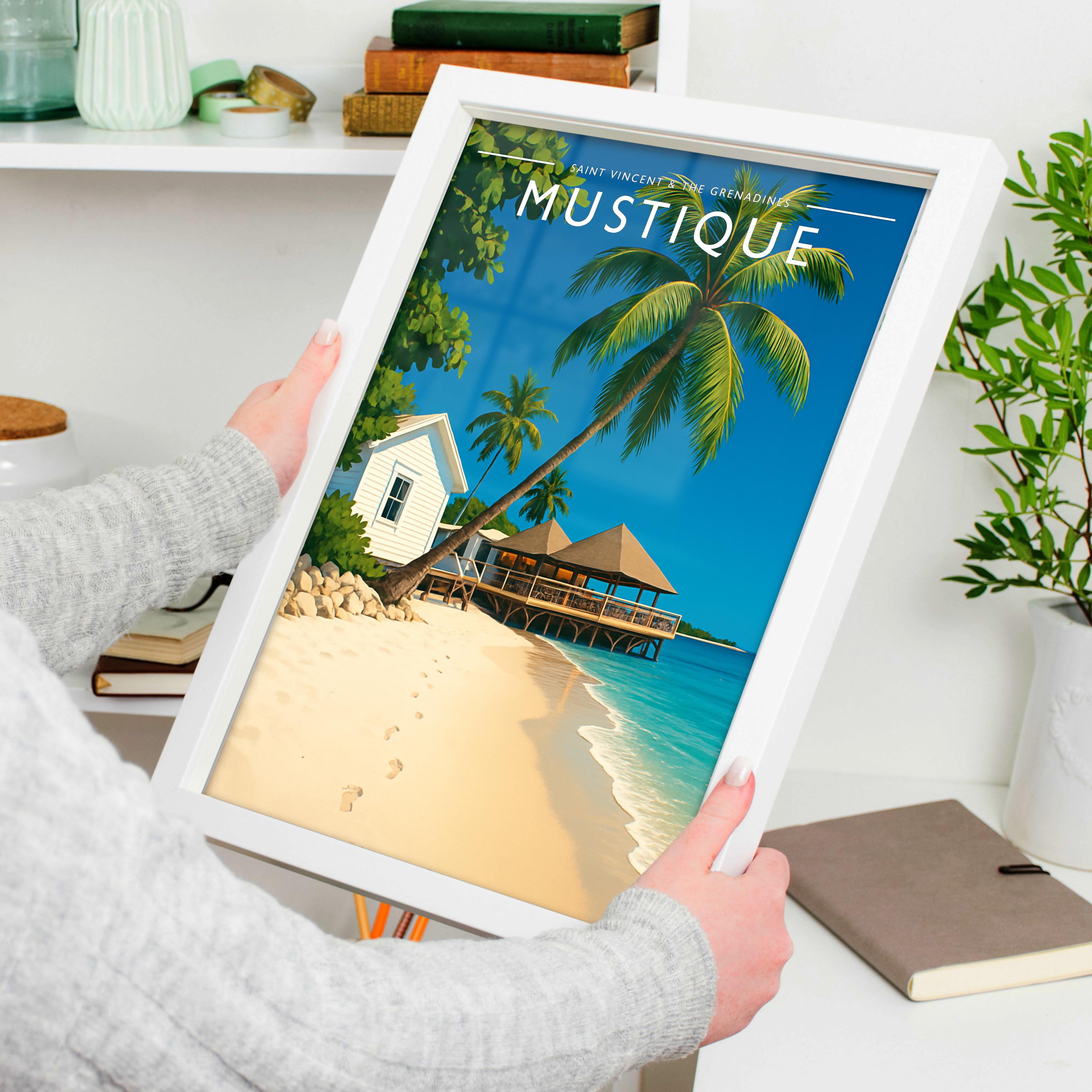 Mustique Travel Poster held in a white frame