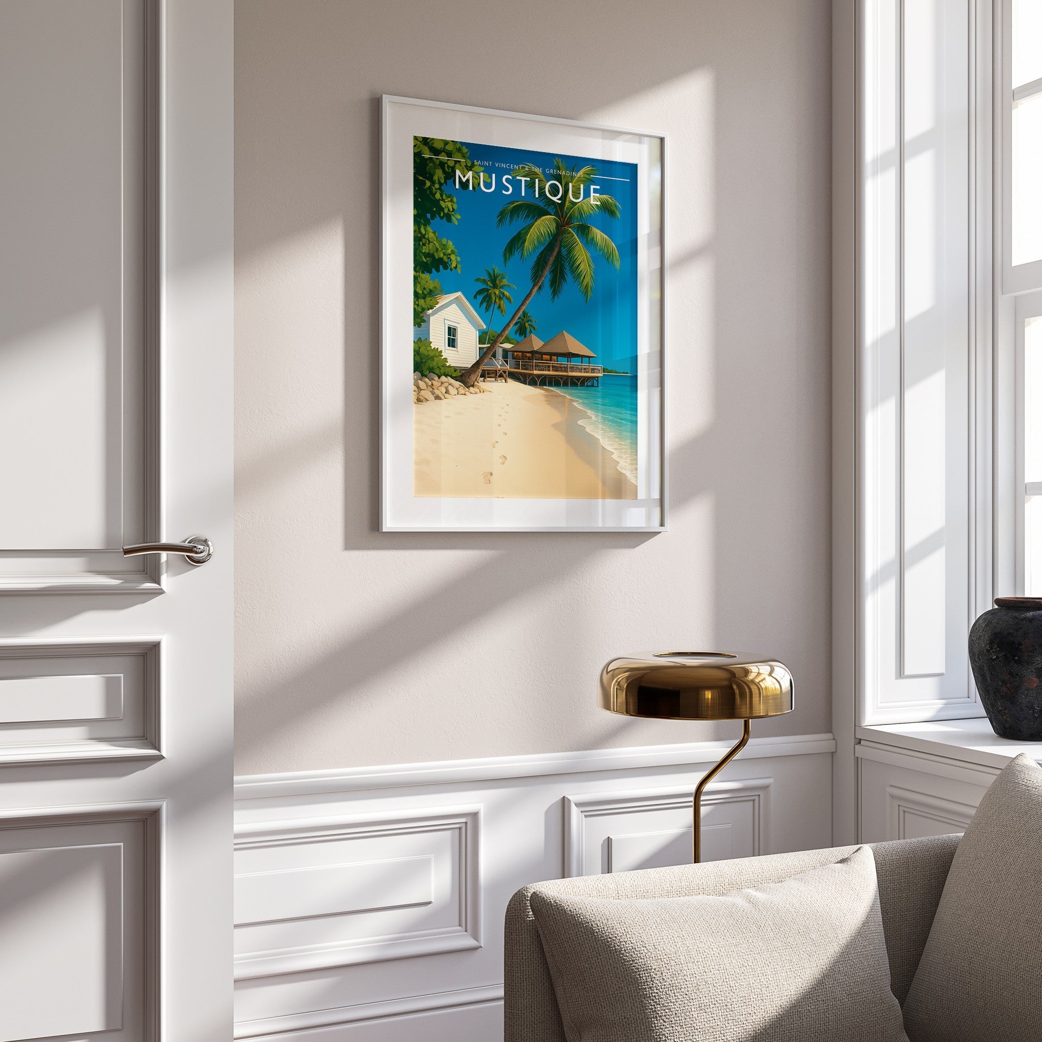 Mustique Travel Poster mounted in a white frame