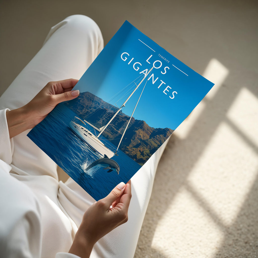 Los Gigantes Travel Poster - A4 print held in hand