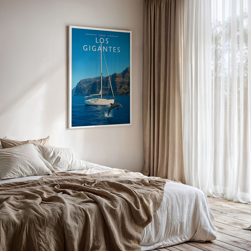 Los Gigantes Travel Poster framed on a bedroom wall