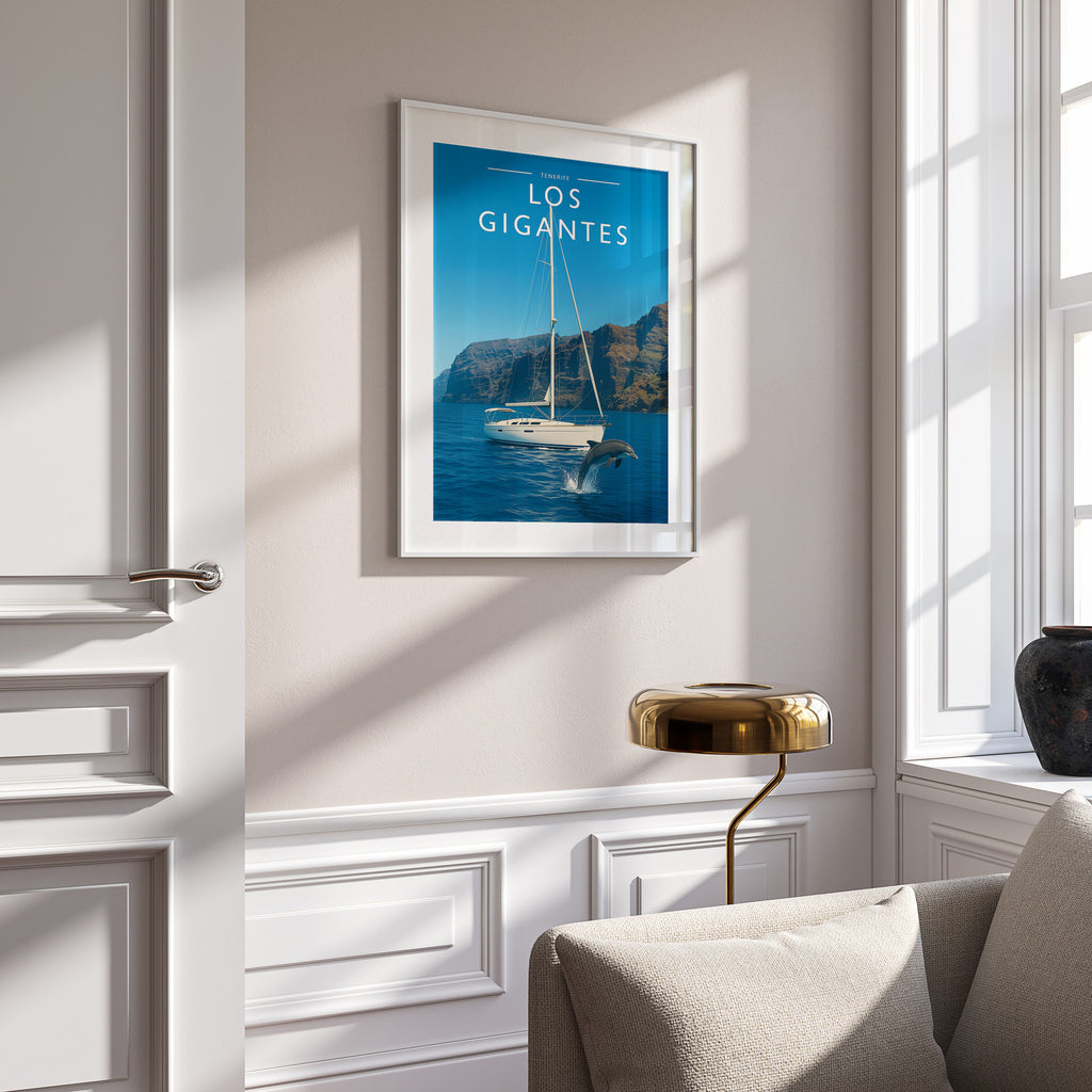 Los Gigantes Travel Poster in a white frame on a panelled wall