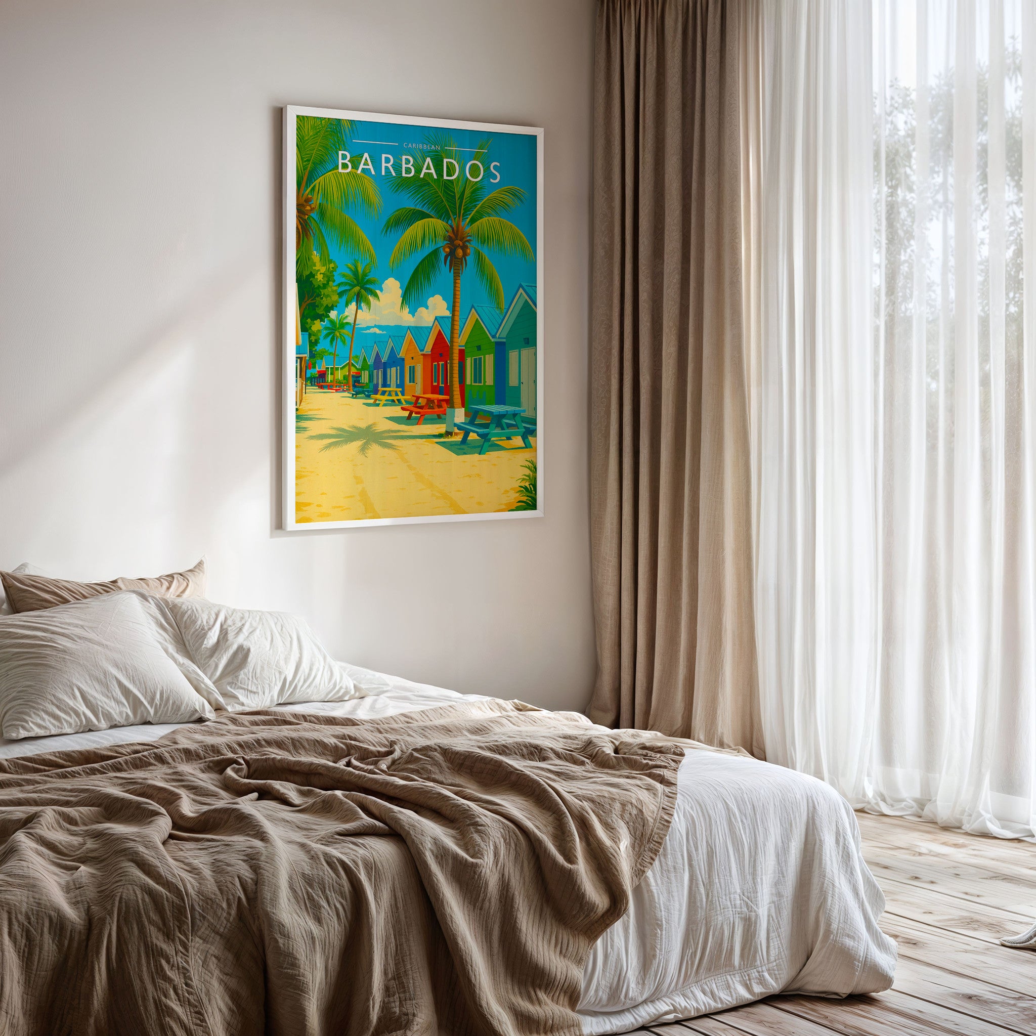 Barbados Travel Poster framed on a bedroom wall