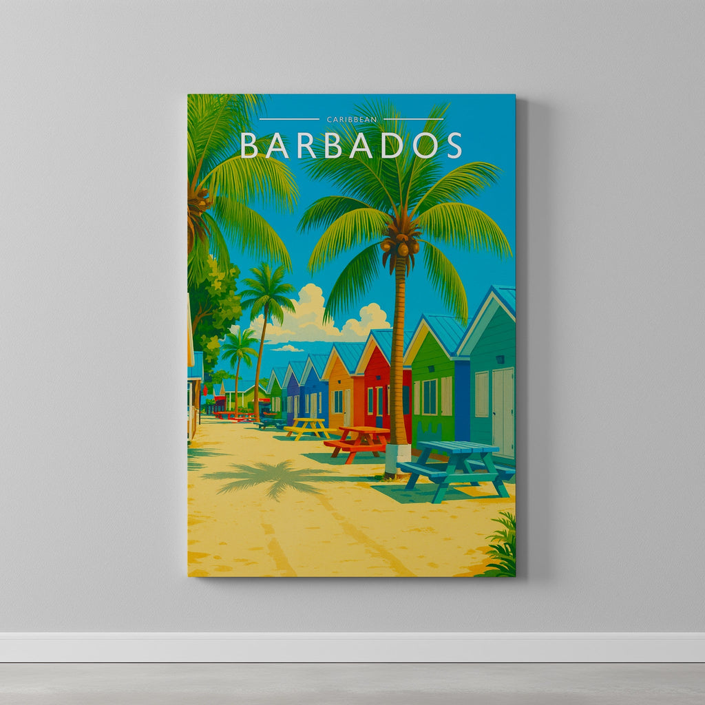 Barbados Travel Poster as a gallery-wrapped canvas on a plain wall
