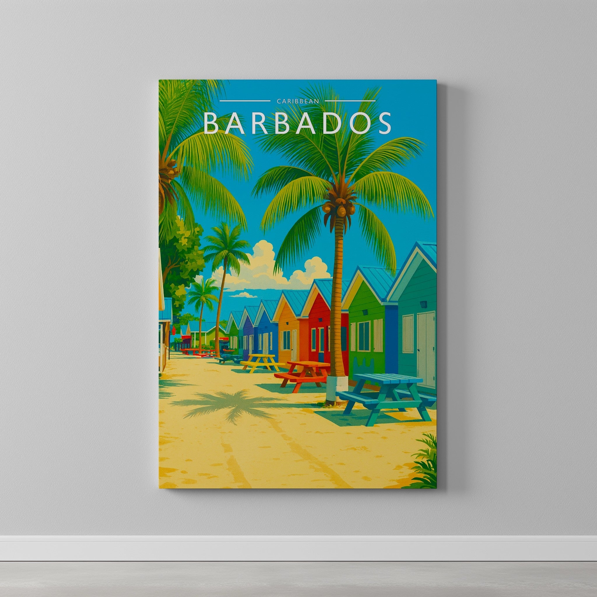 Barbados Travel Poster as a gallery-wrapped canvas on a plain wall