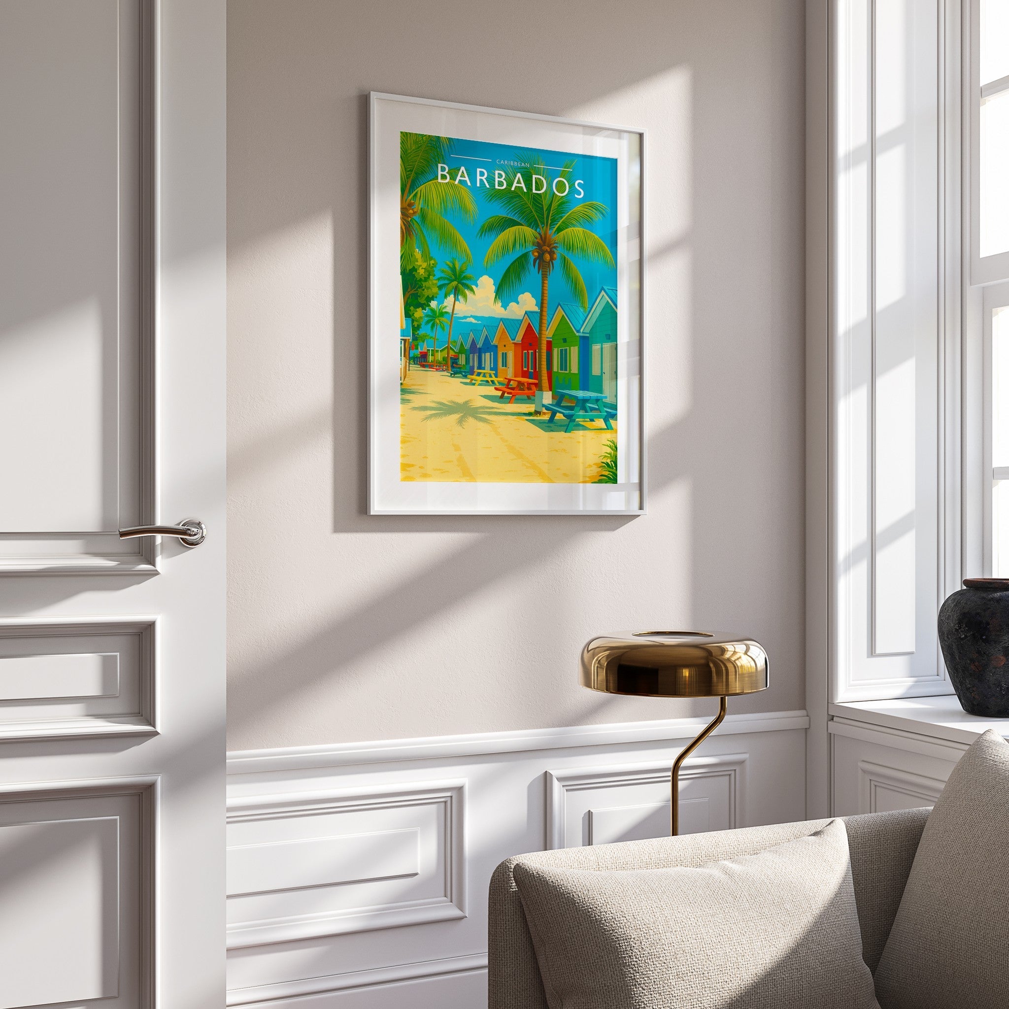 Barbados Travel Poster mounted in a white frame