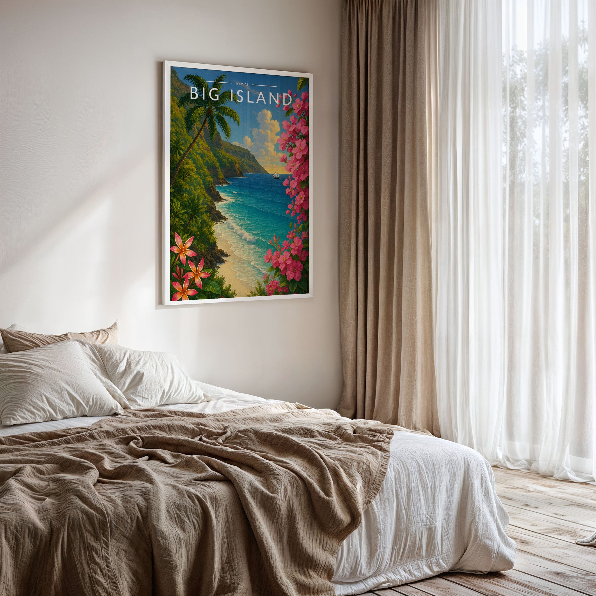 Big Island Travel Poster framed on a bedroom wall