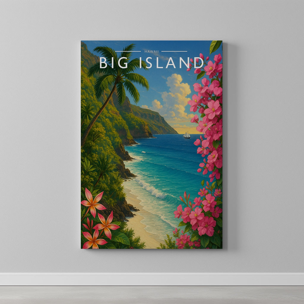 Big Island Travel Poster as a gallery-wrapped canvas on a plain wall