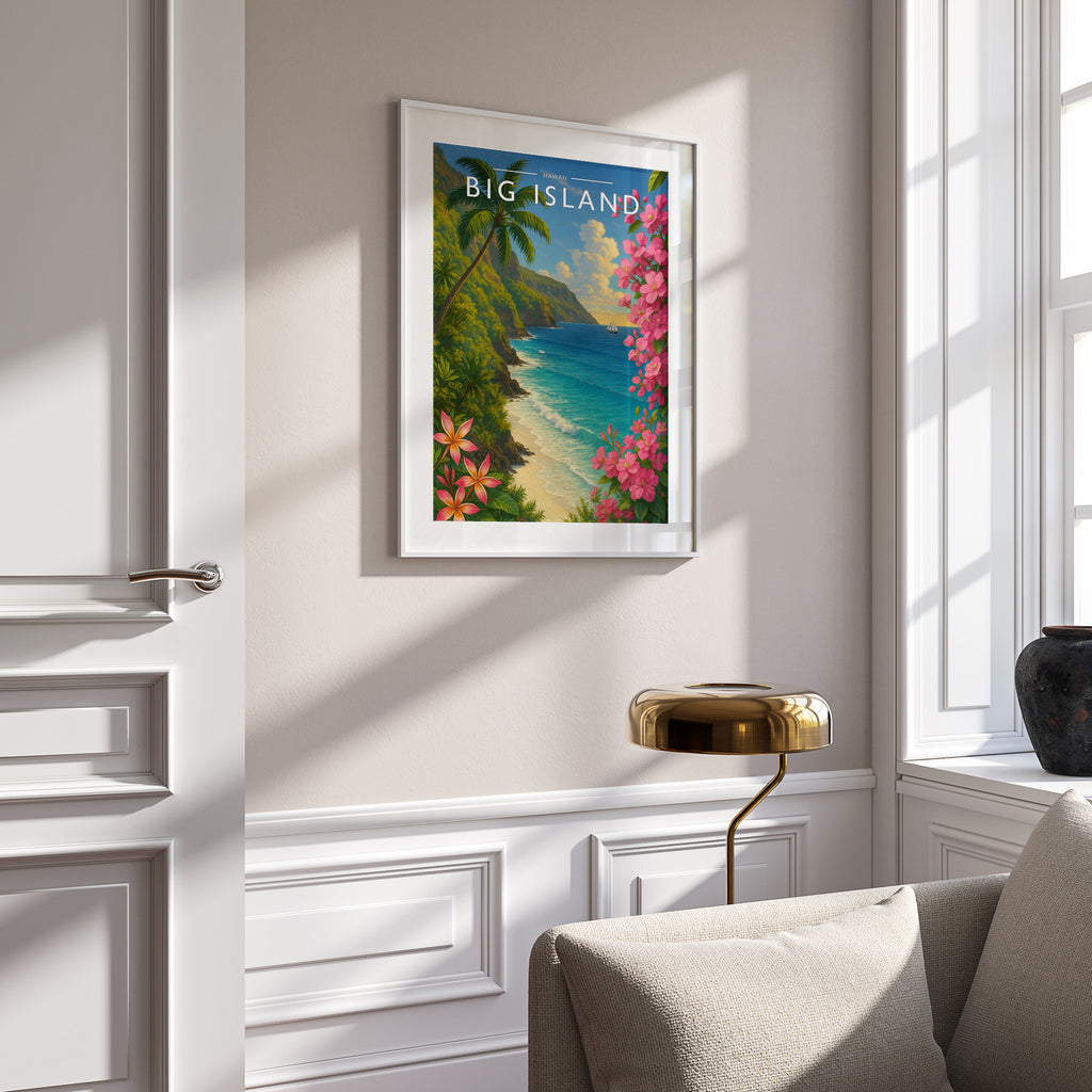 Big Island Travel Poster in a white frame on a panelled wall