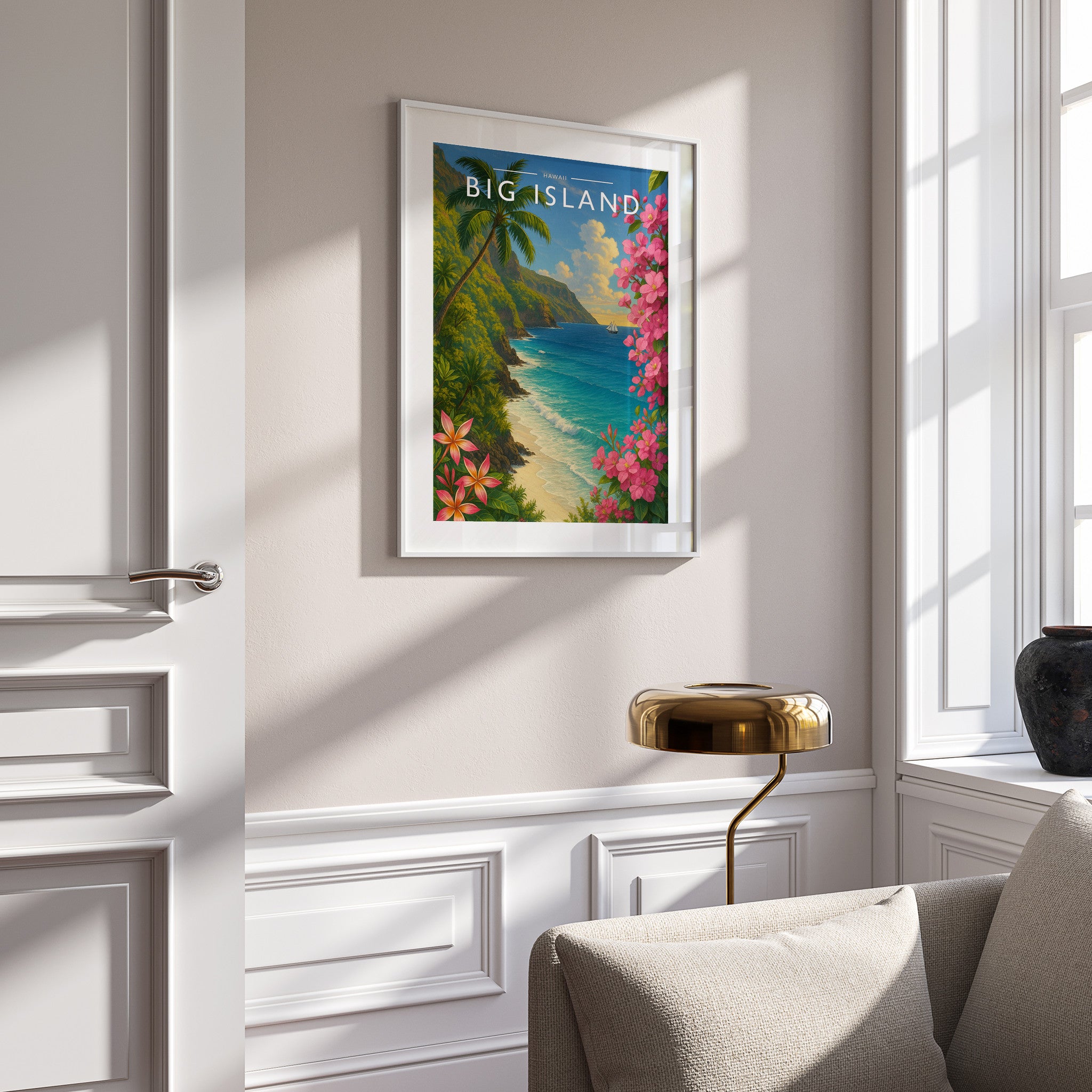 Big Island Travel Poster in a white frame on a panelled wall