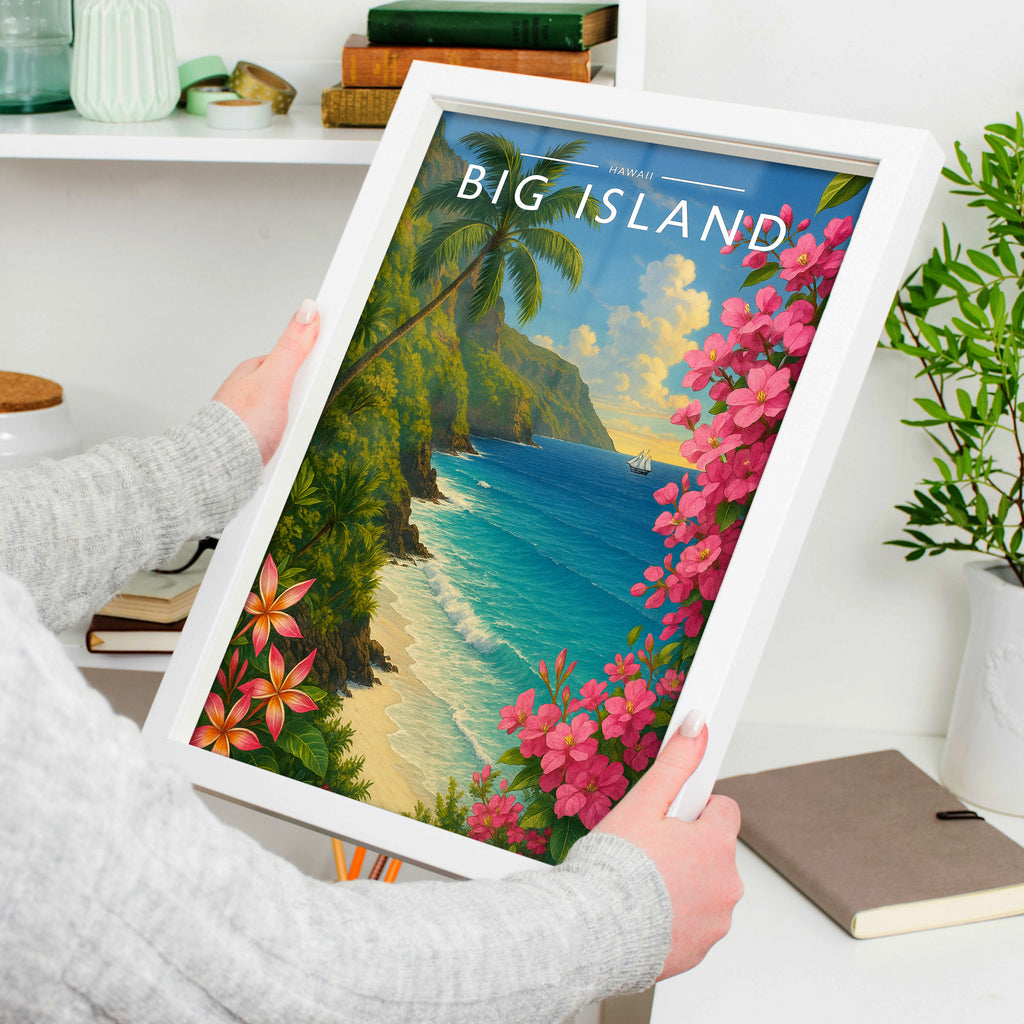 Big Island Travel Poster in a white frame, held to show scale