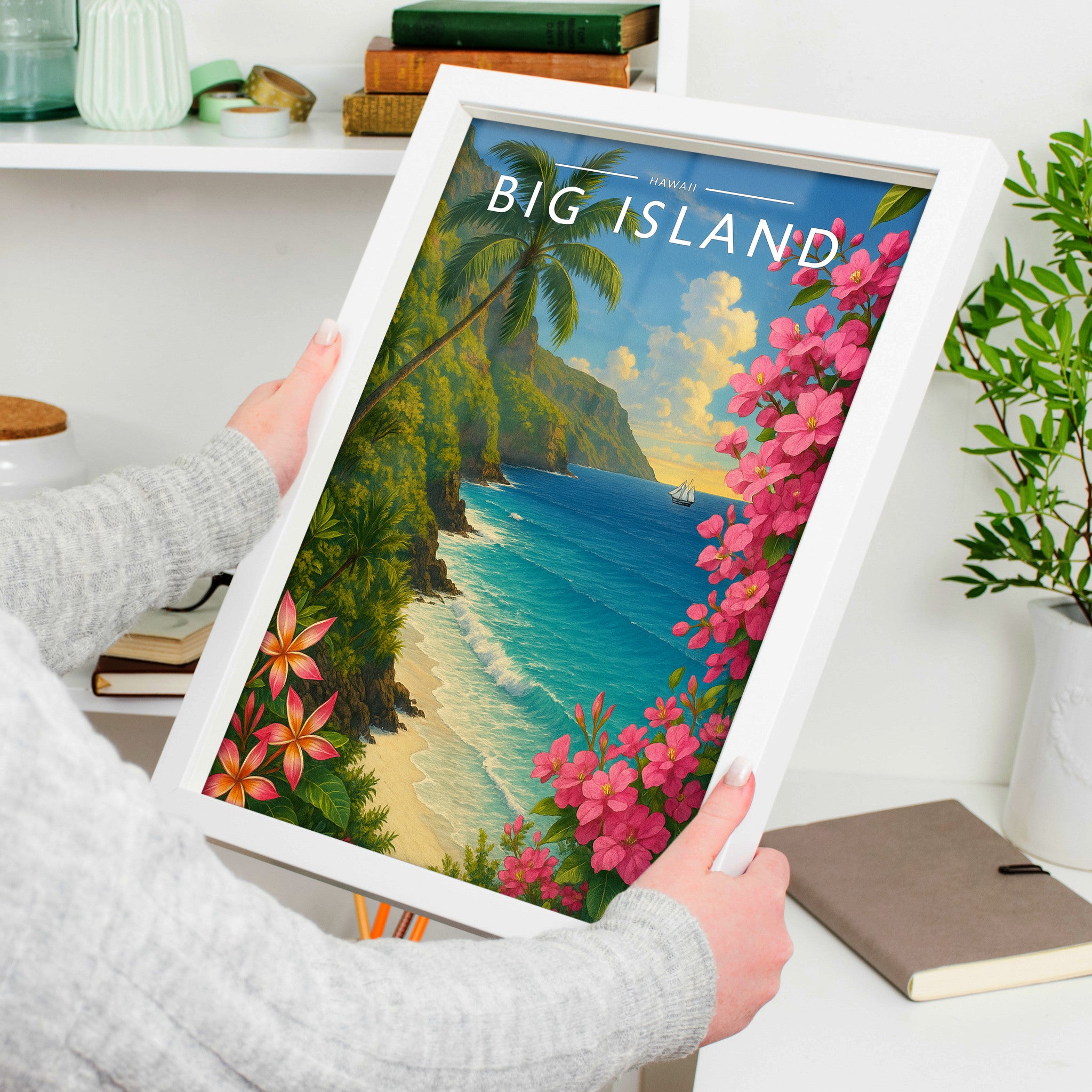 Big Island Travel Poster in a white frame, held to show scale