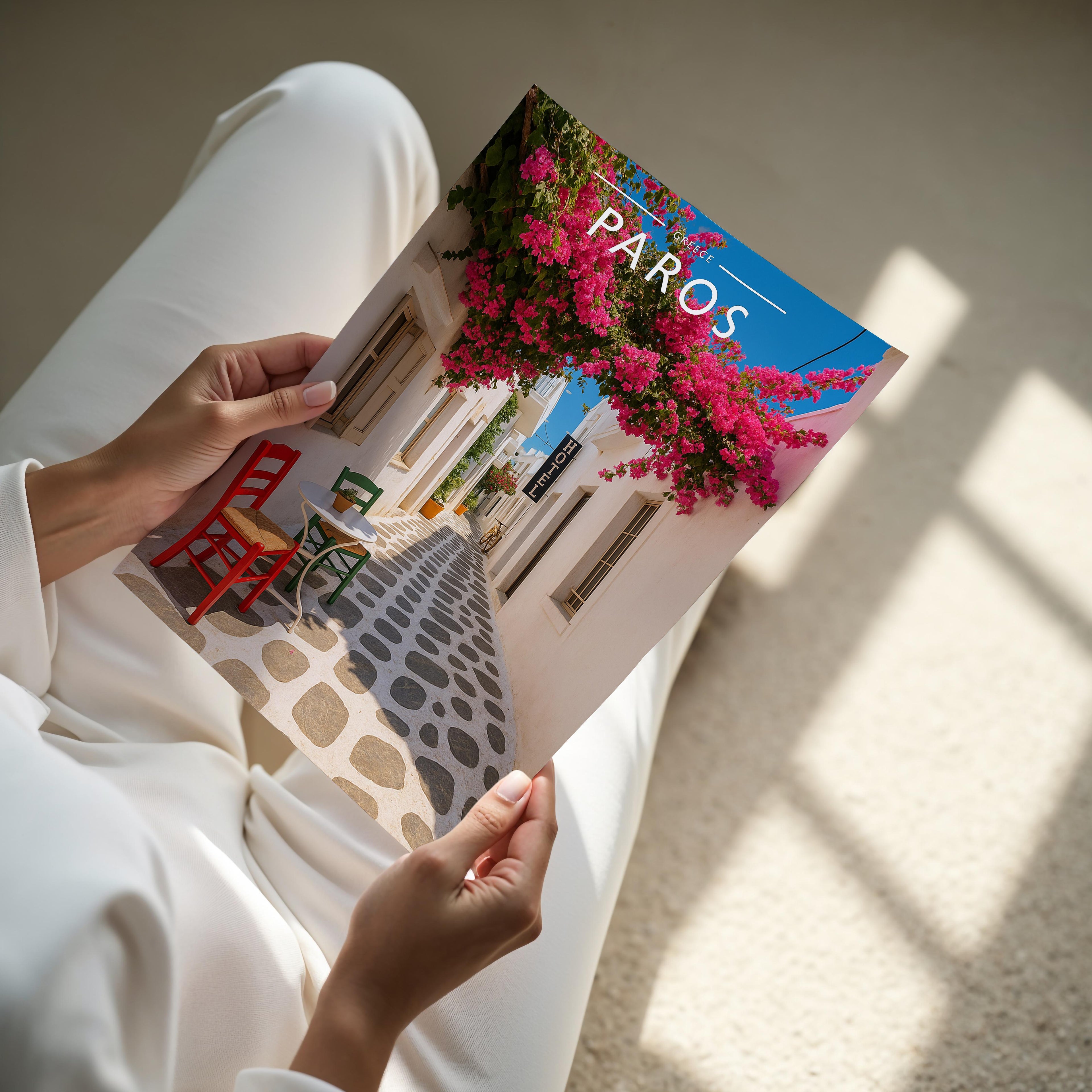 Paros Travel Poster - A4 print held in hand