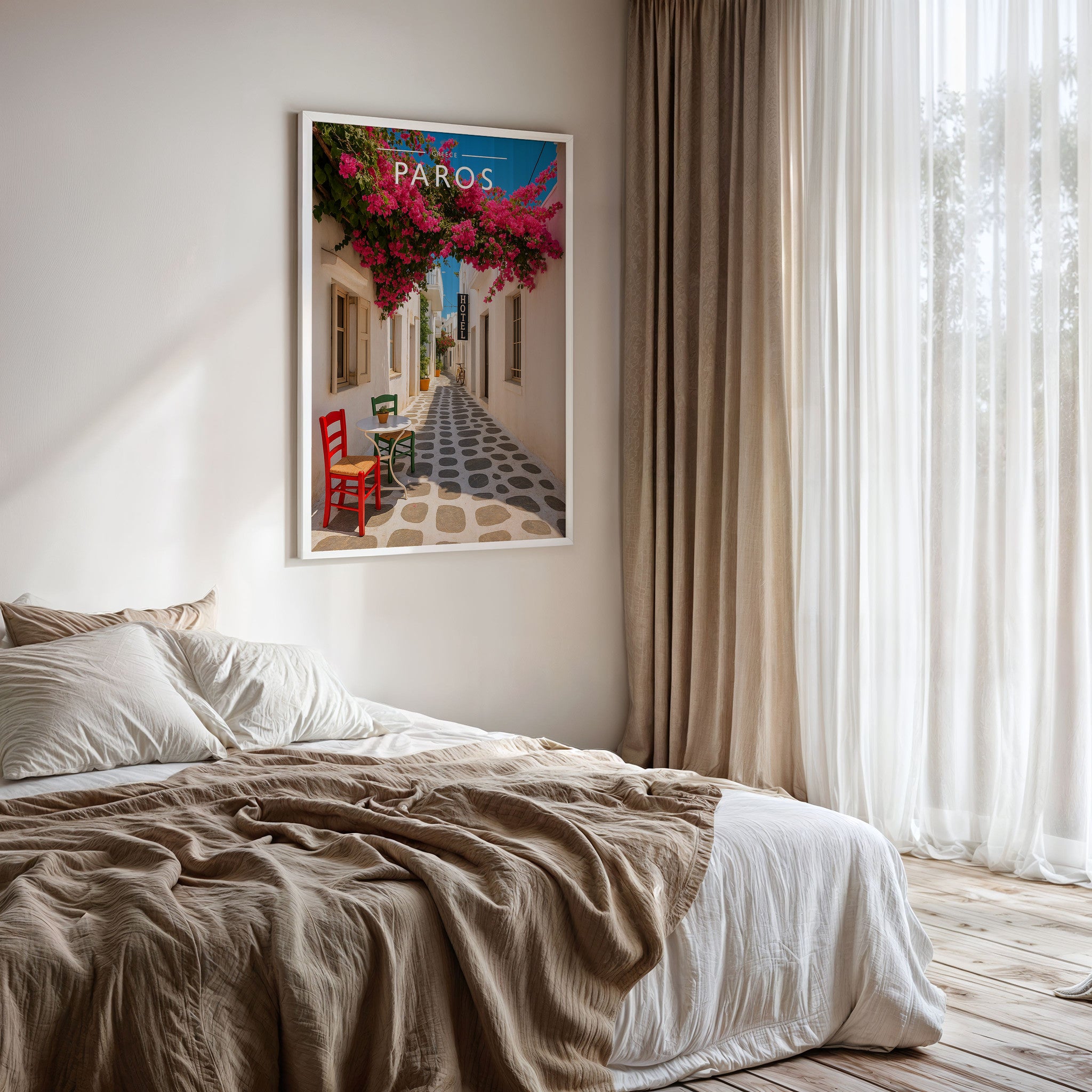 Paros Travel Poster framed on a bedroom wall
