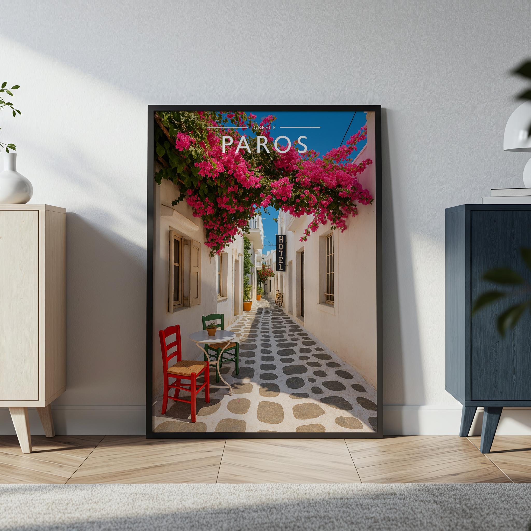 Paros Travel Poster in a black frame