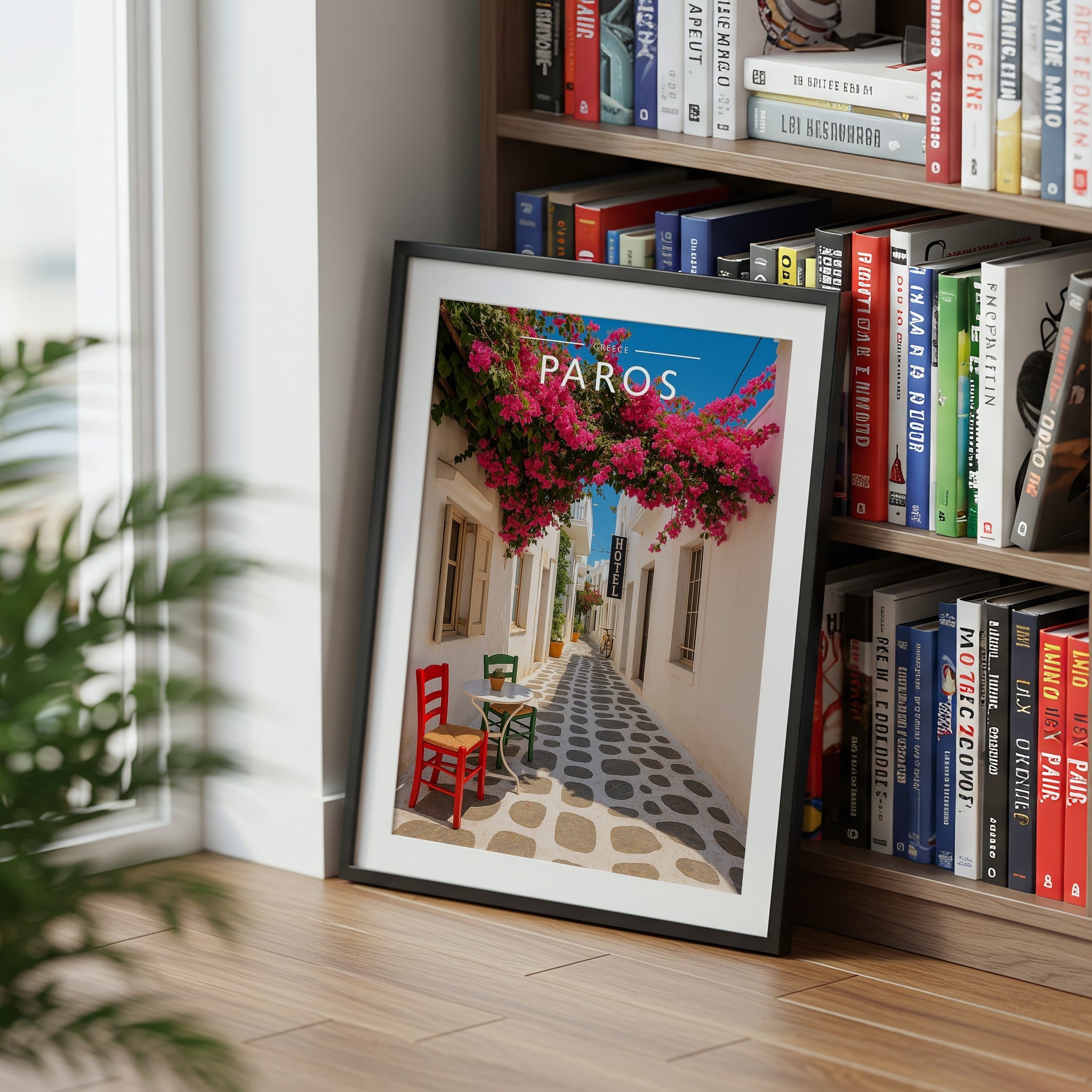 Paros Travel Poster mounted in a black frame