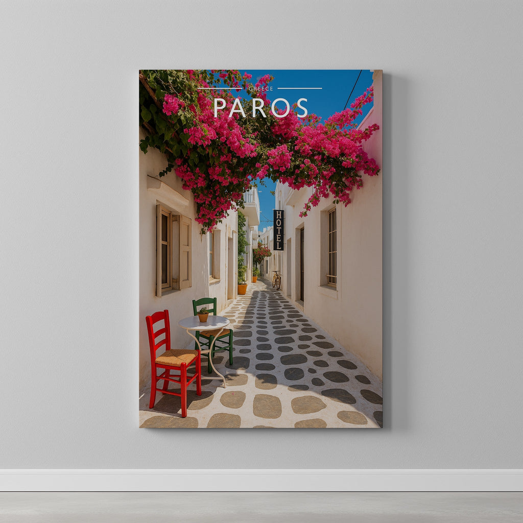 Paros Travel Poster as a gallery-wrapped canvas on a plain wall